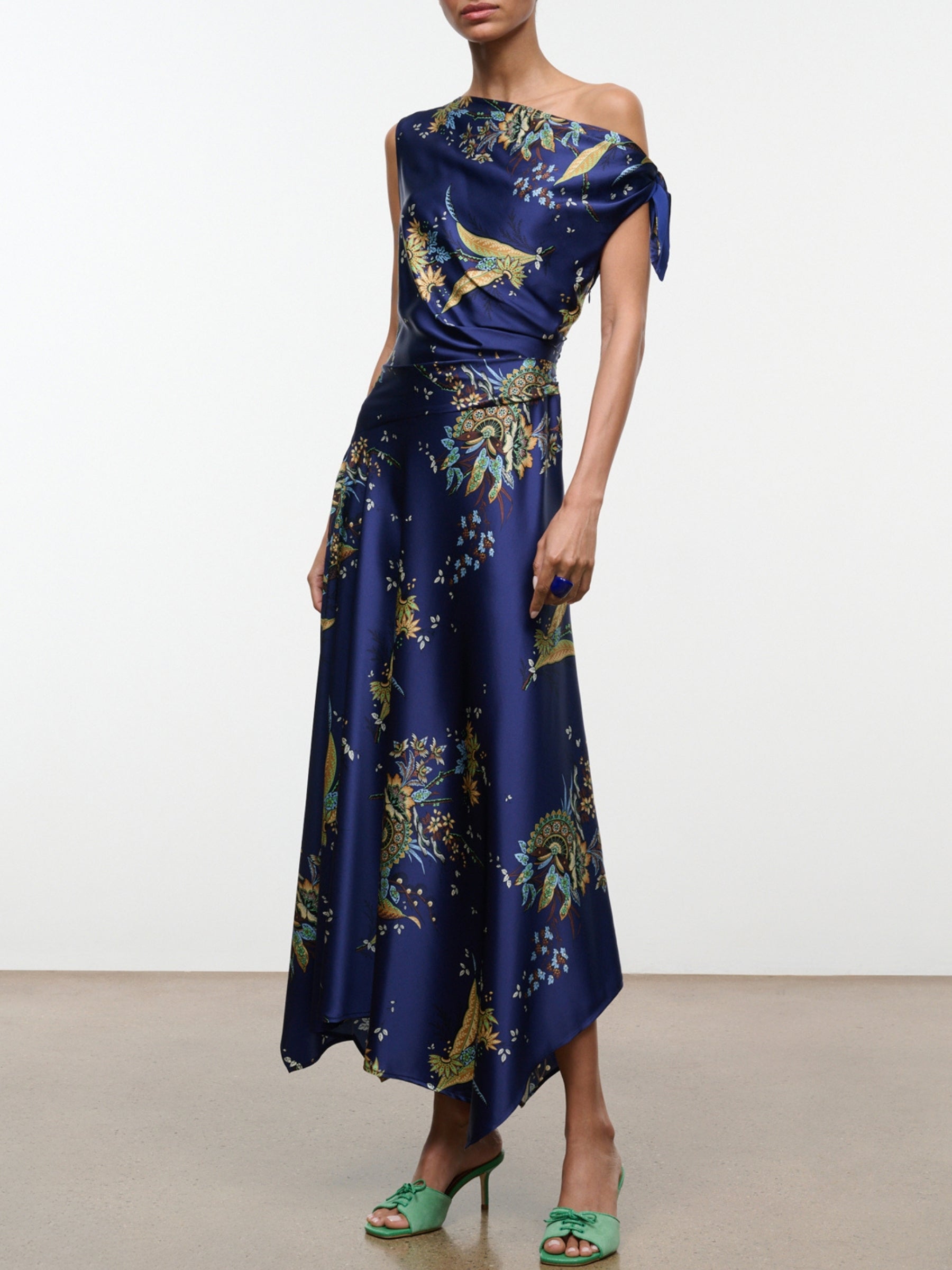 Model wearing the Staud Portia Silk Dress in Tapestry Midnight, full-length front view