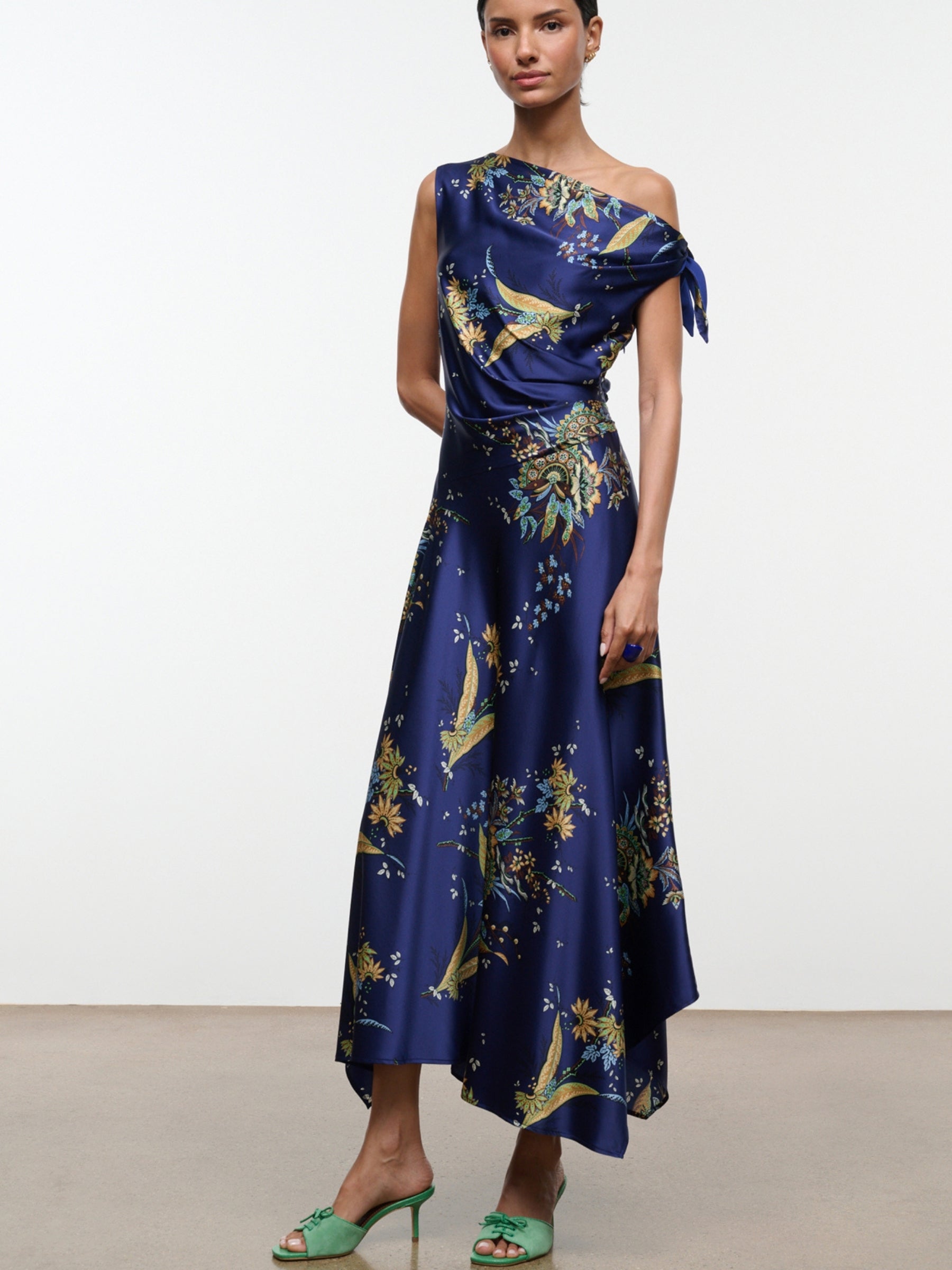 Staud Portia Silk Dress in Tapestry Midnight on model, full-length front view