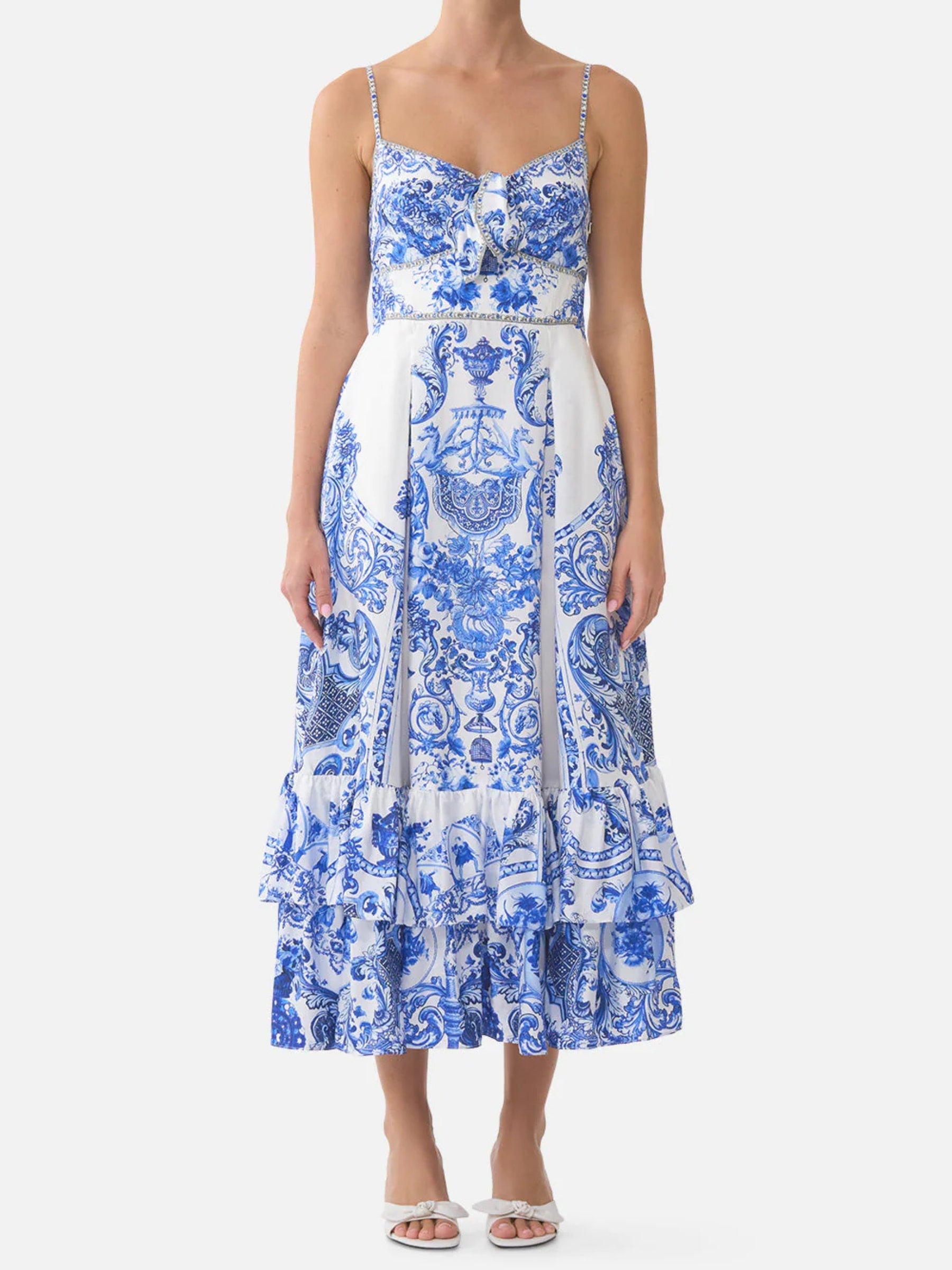 Ruffle Hem Tie Front Midi Dress - Ceramic Panoramic