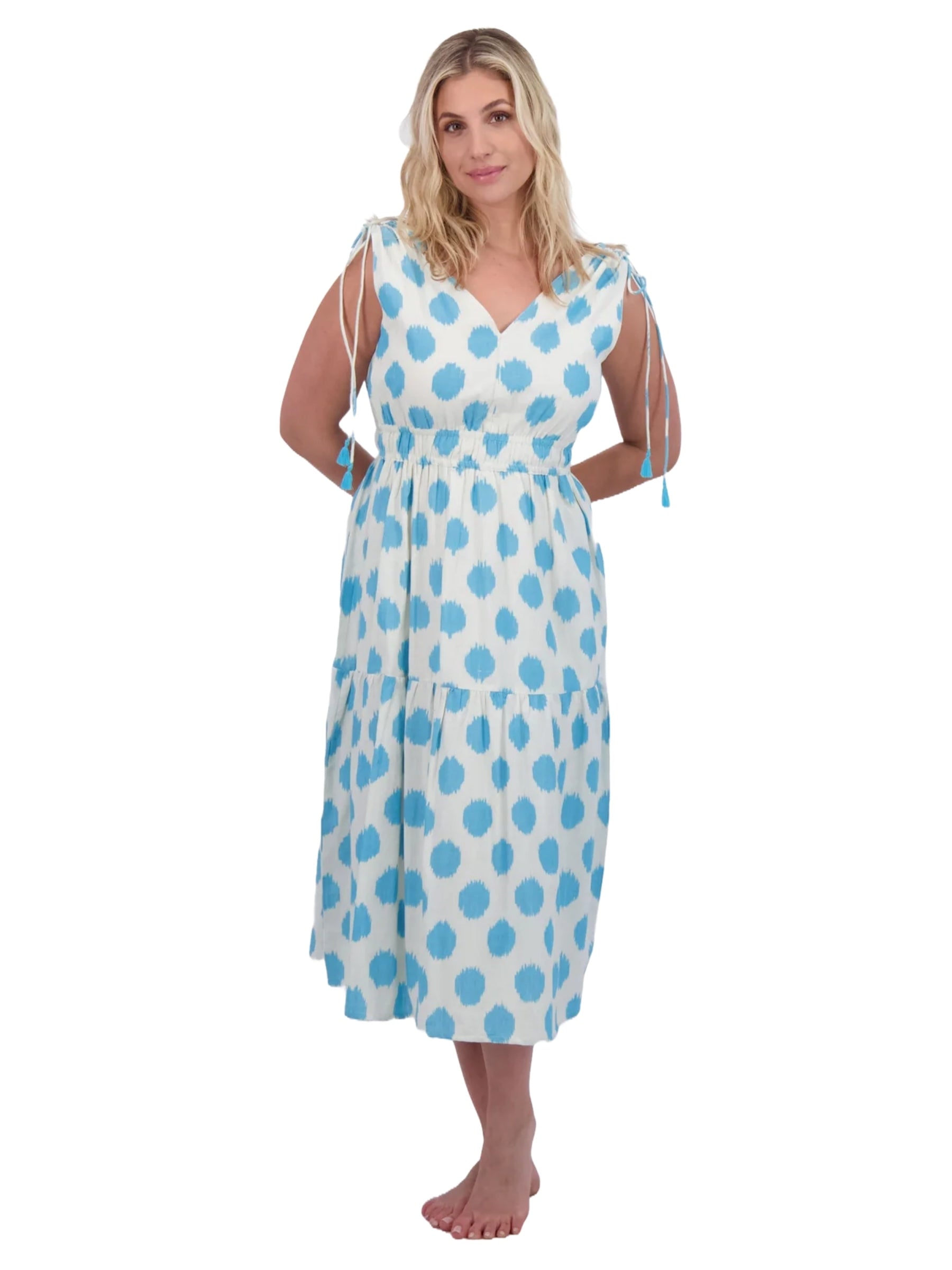 Noemie Ruched Shoulder Tie Maxi - Cream Ikat