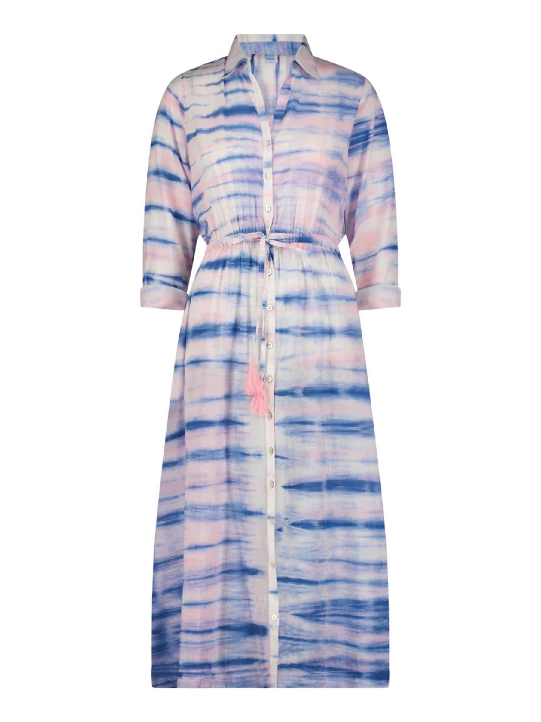 Anais Button Front Shirtdress - Rose Lapis Blue Shibori