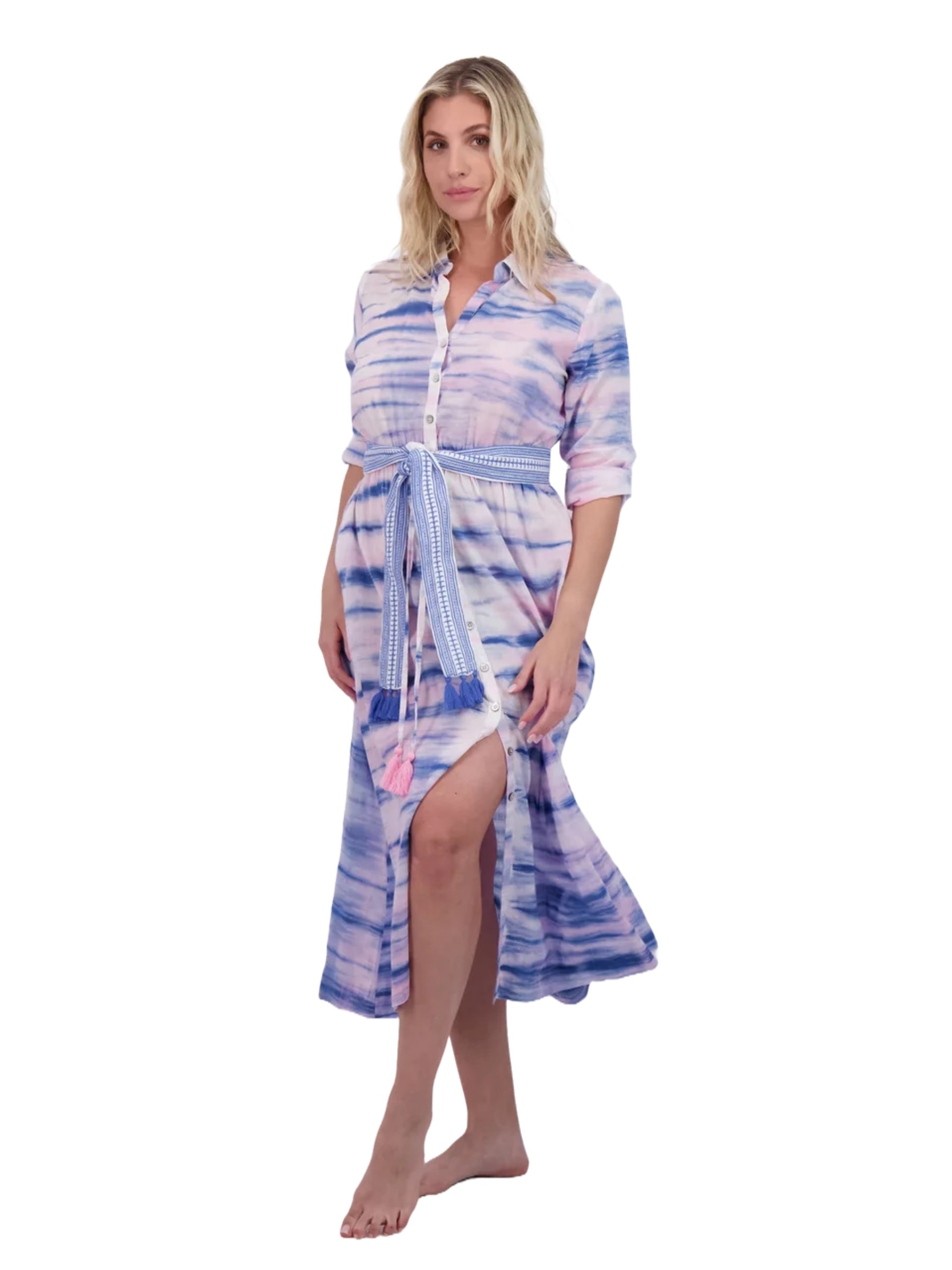 Anais Button Front Shirtdress - Rose Lapis Blue Shibori
