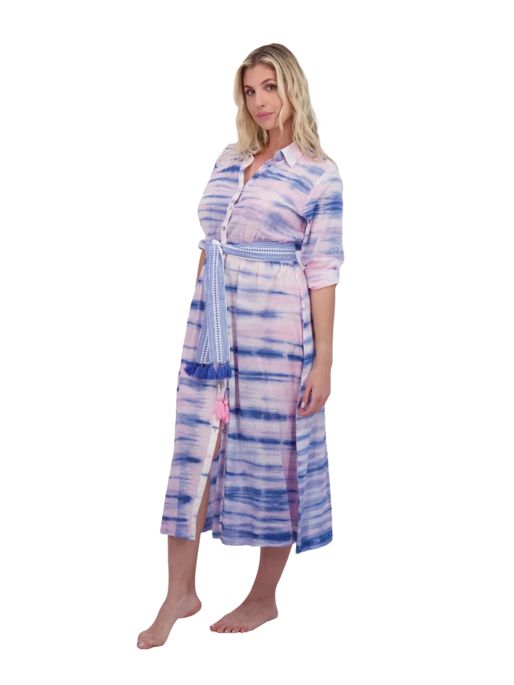 Anais Button Front Shirtdress - Rose Lapis Blue Shibori