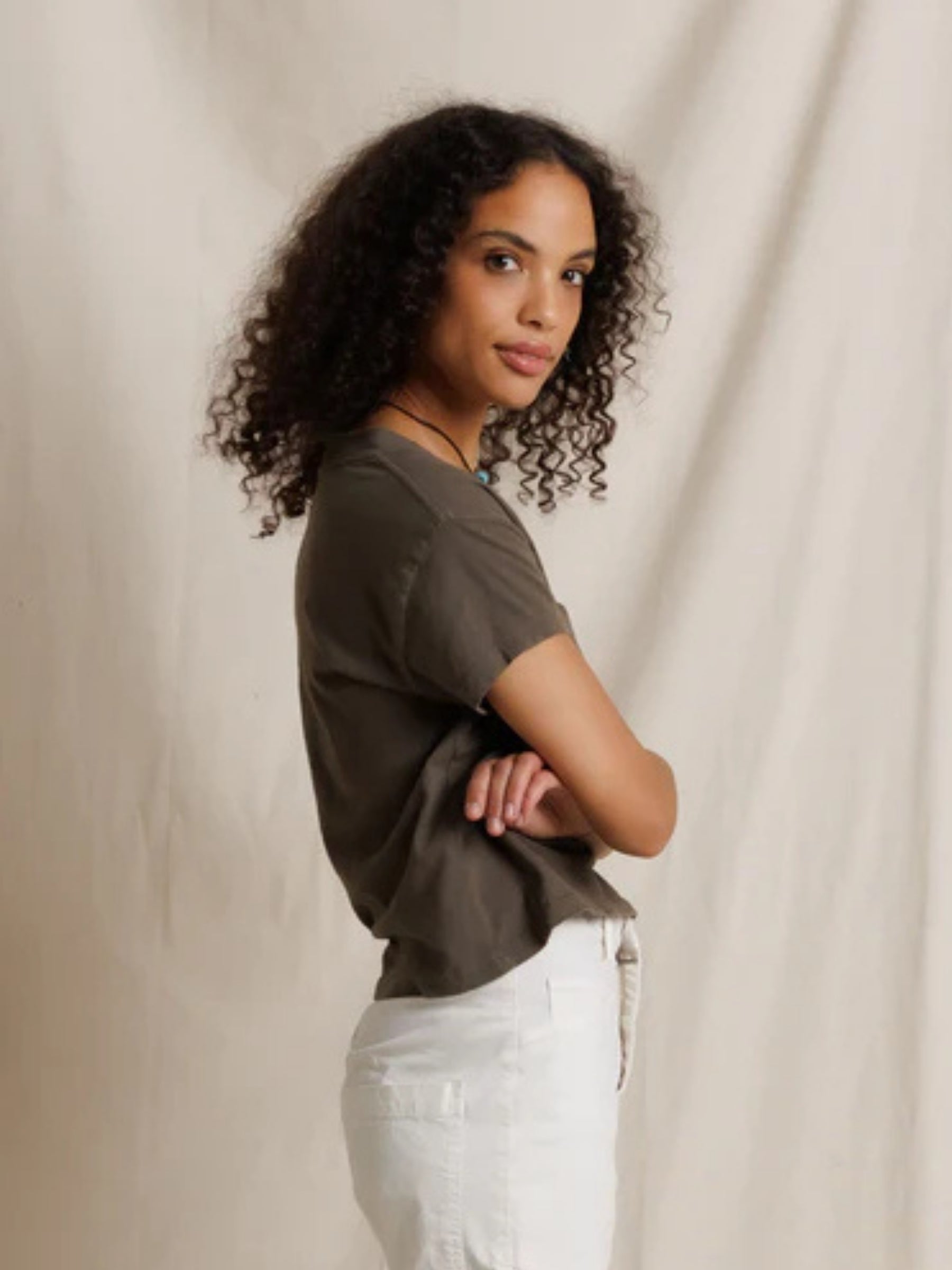 Perfect White Tee Alanis V-Neck Tee in Dark Olive on model, side view