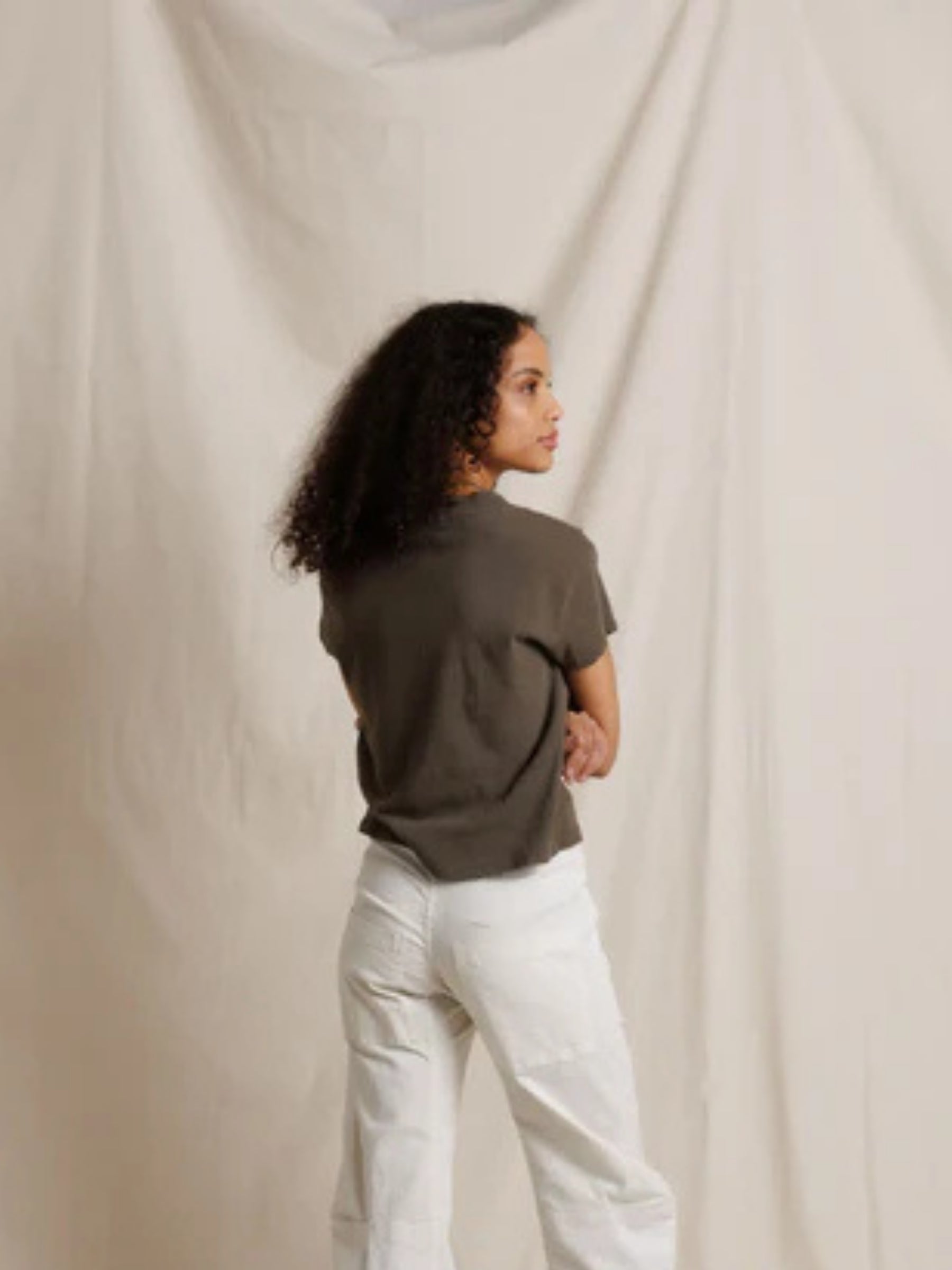 Perfect White Tee Alanis V-Neck Tee in Dark Olive on model, back view