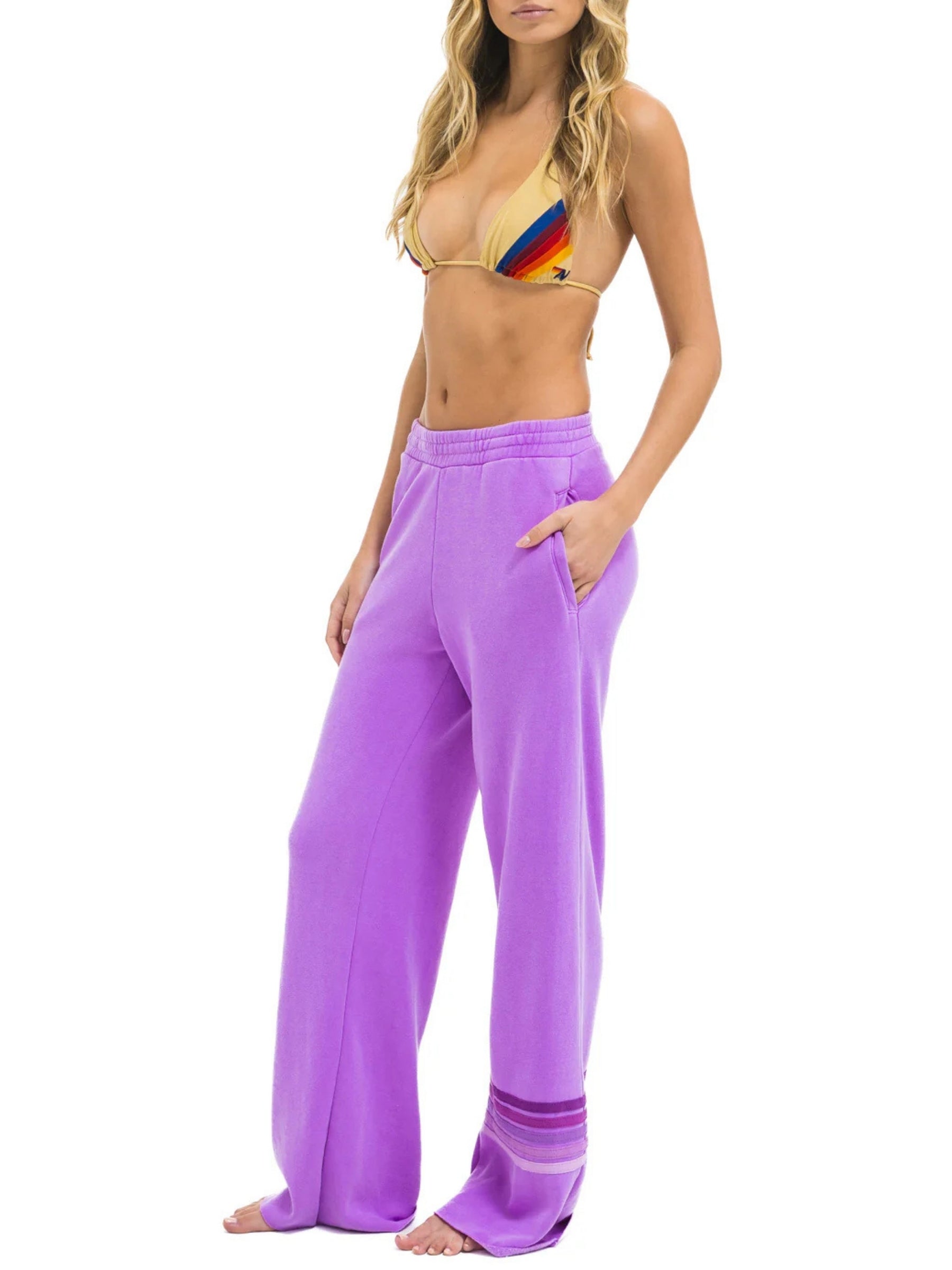 aviator-nation-Rugby-Stitc- Wide-Leg-Pocket-Sweatpants - Neon -Purple