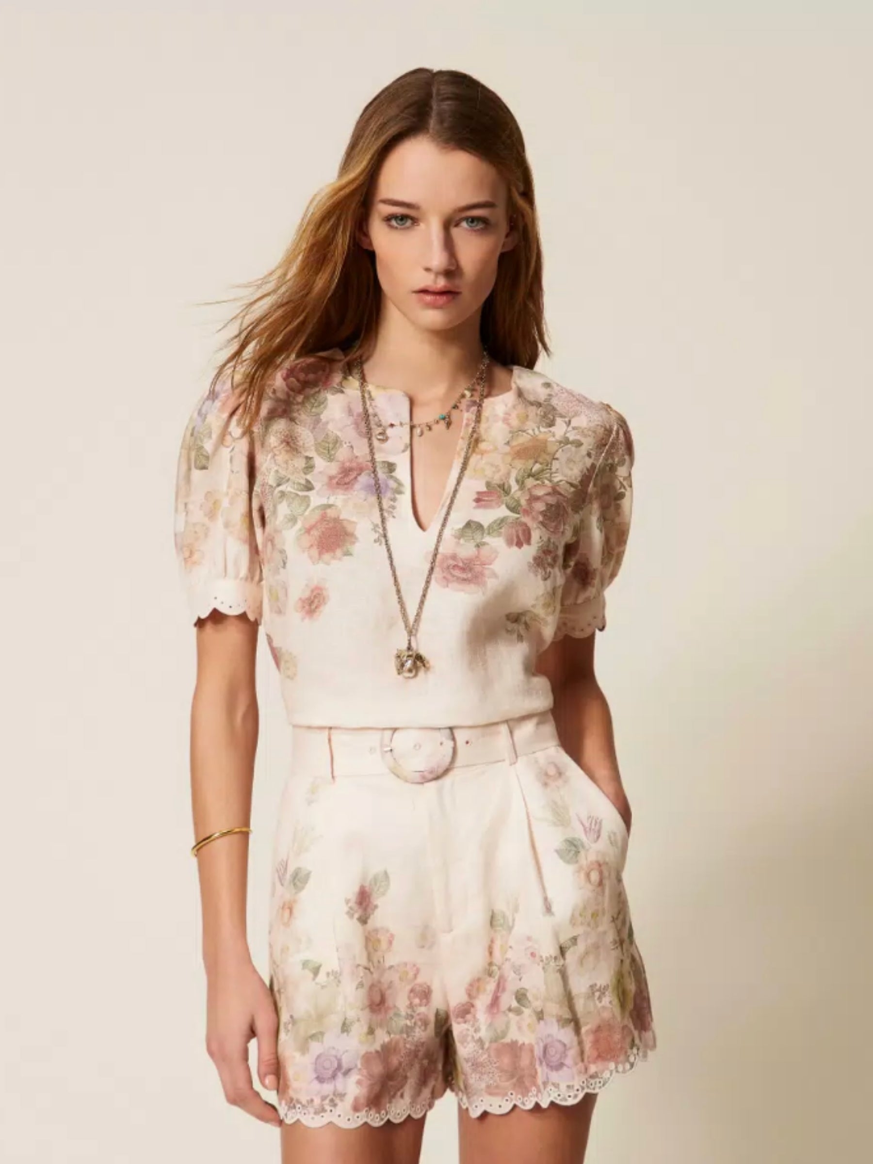 Linen Floral Shorts w Embroidery - Wildflower Pastel