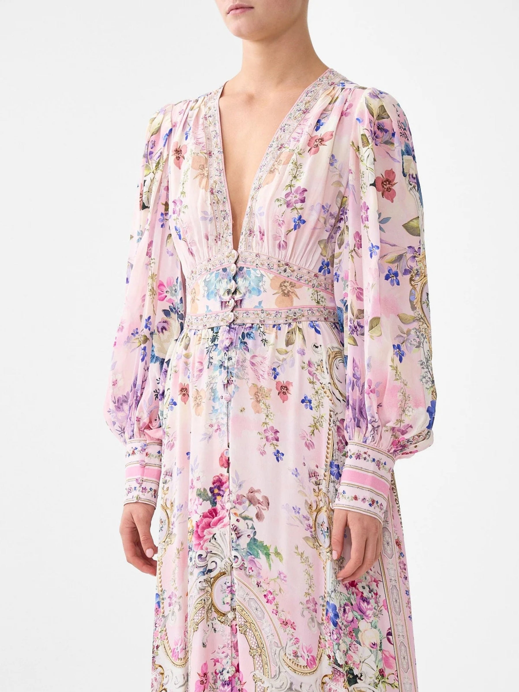 Shaped Waistband Dress w/ Gathered Sleeves - Palatial Pastels