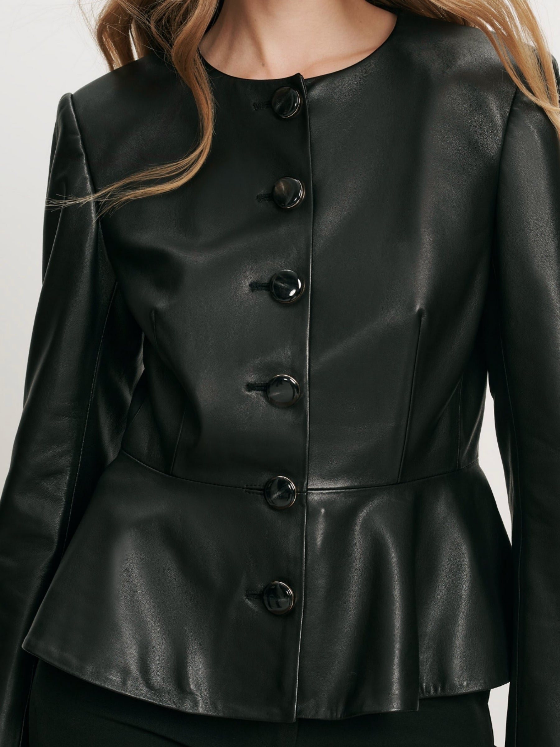 Veronica Beard Quinn Leather Peplum Jacket in Black, waist and peplum detail