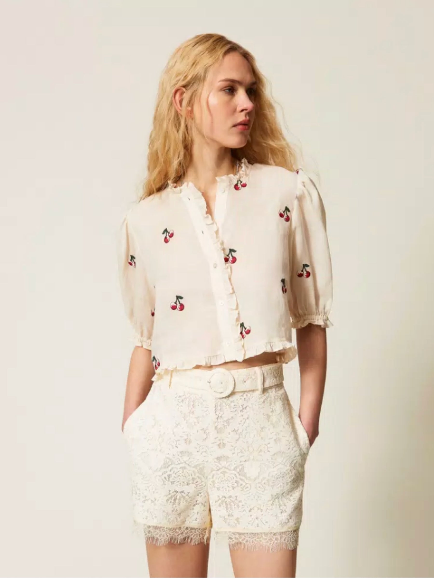 Cropped Ramie Shirt - Cherry Embroidery