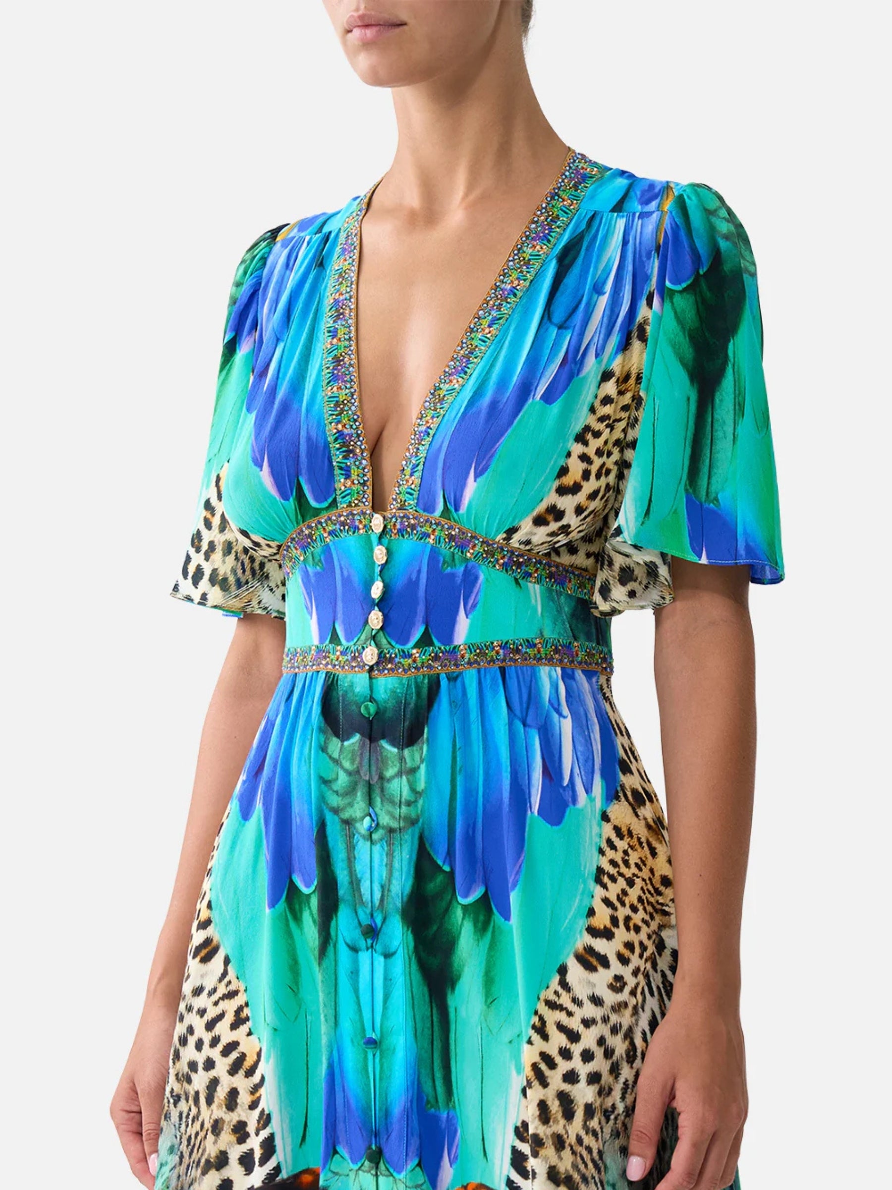 Shaped Waistband Dress w/ Flutter Sleeve - Jungle Flight