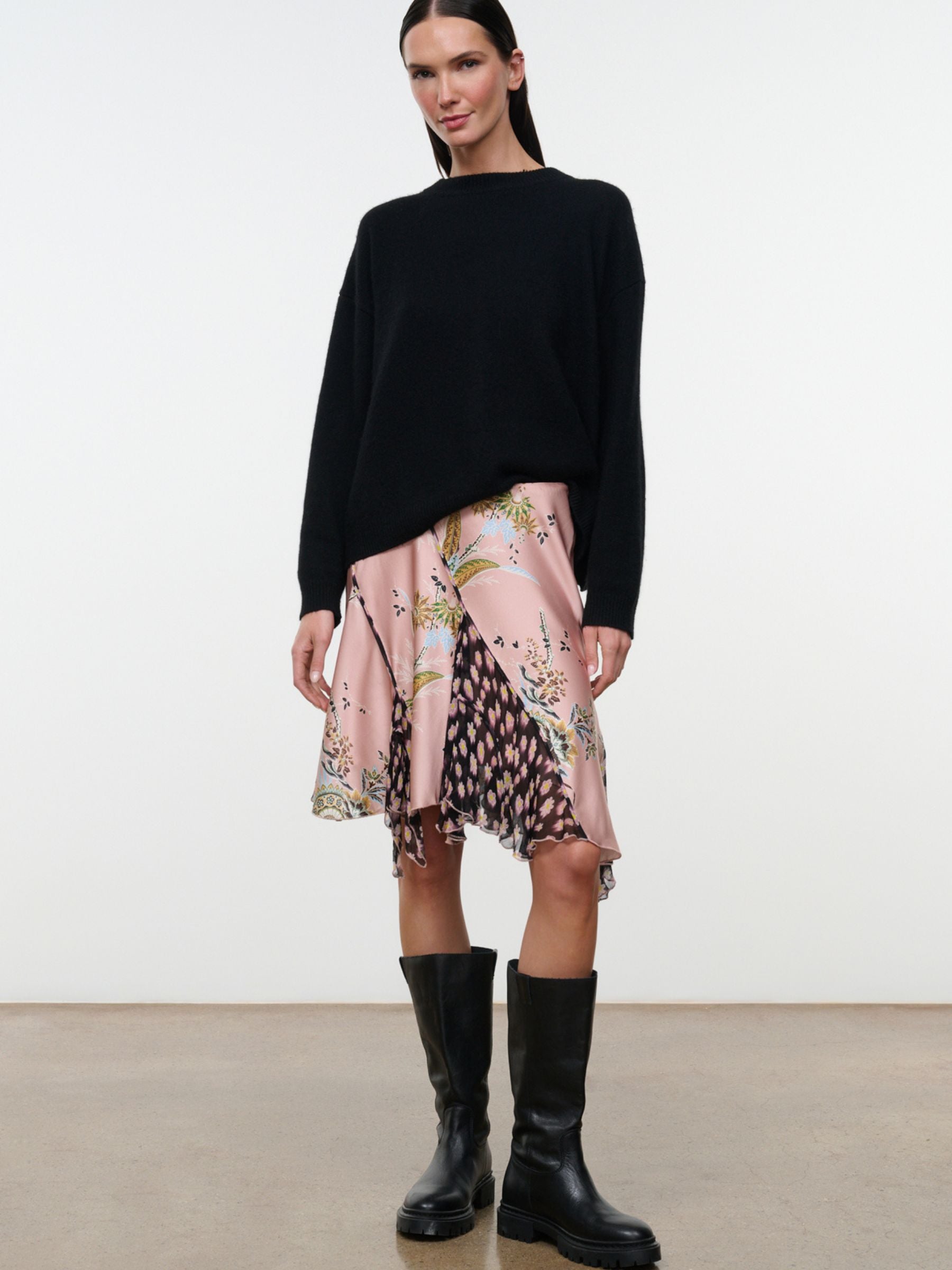 Full-length front view of model wearing Staud Reannah Silk Skirt in Tapestry Rose Multi