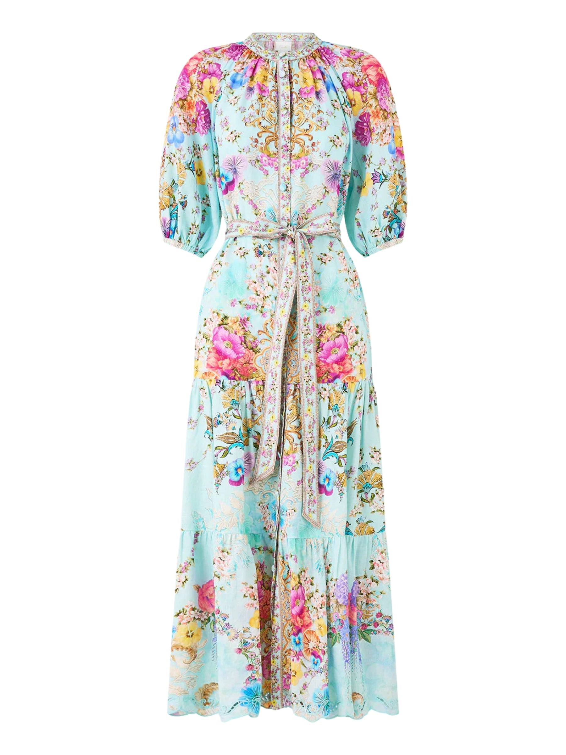 Puff Sleeve Midi Shirt Dress  w/ Tie - Bazaar Blooms