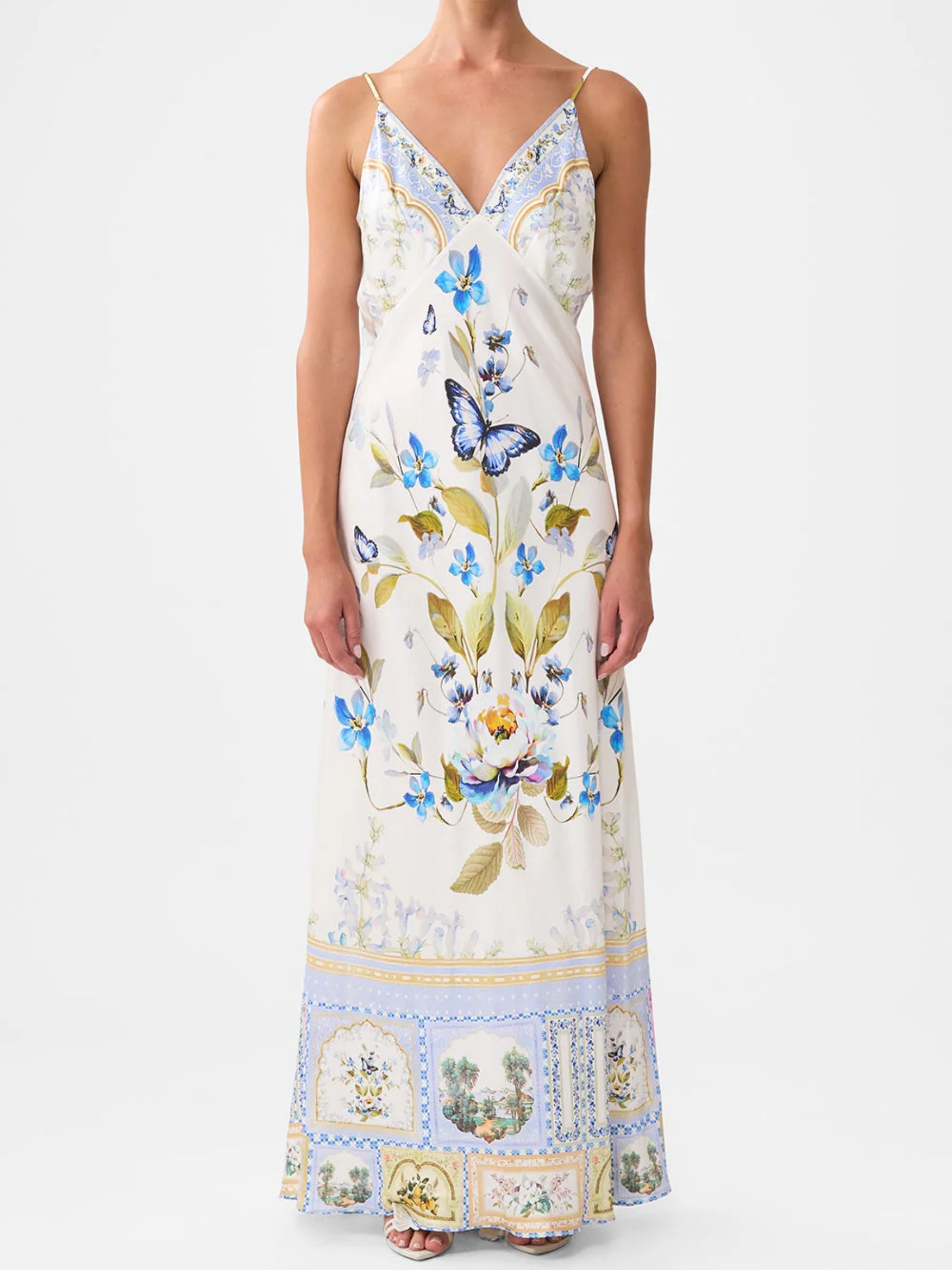 V-Neck Long Bias Slip Dress with Train - Botanical Ballads