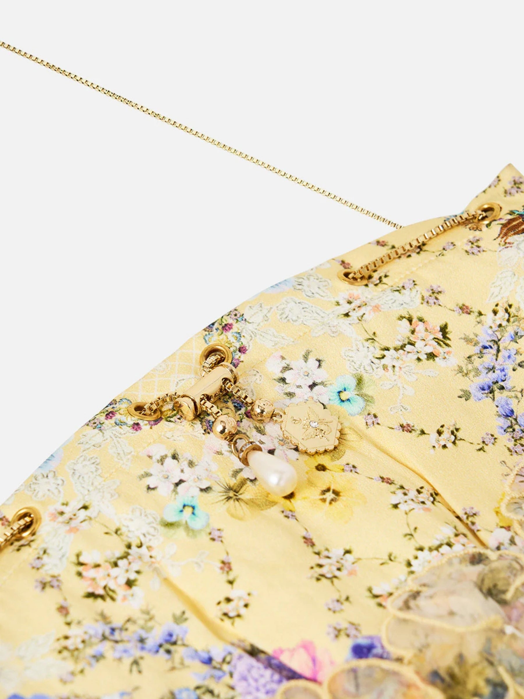 Drawstring Pouch Bag w/ Floral Fringe - Darling Buds