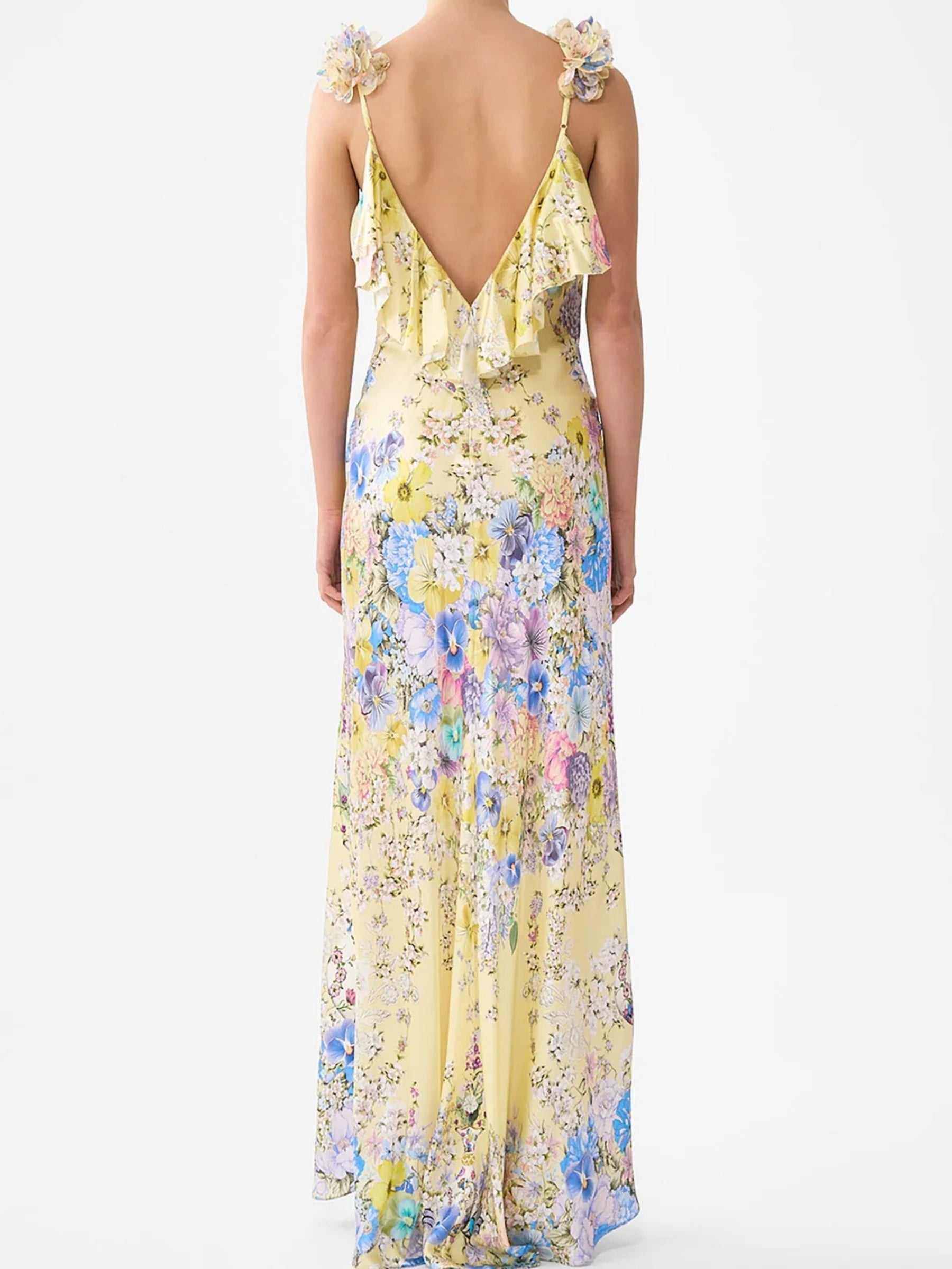 V Neck Bias Slip Dress w/ Back Frill - Darling Buds