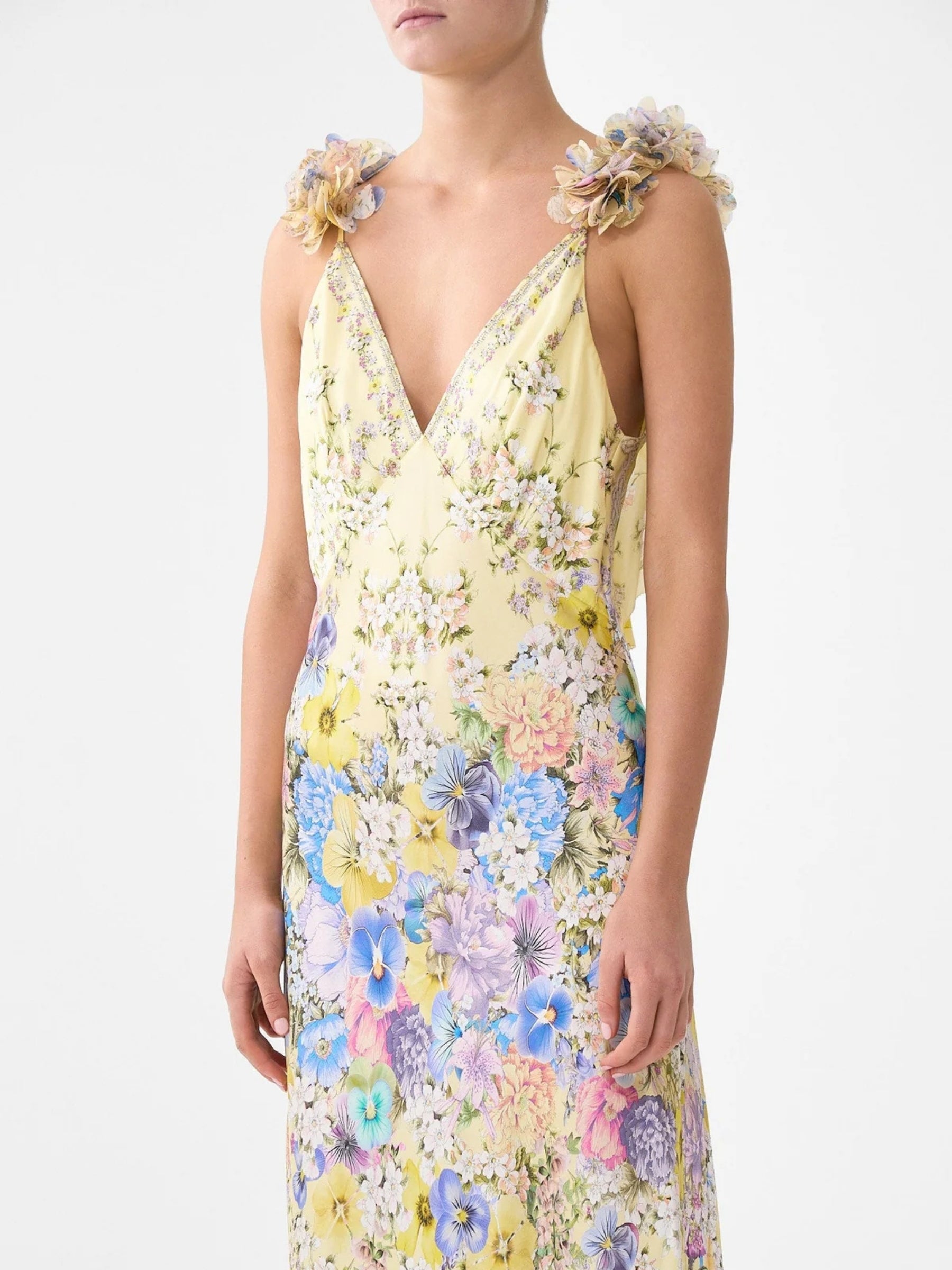 V Neck Bias Slip Dress w/ Back Frill - Darling Buds