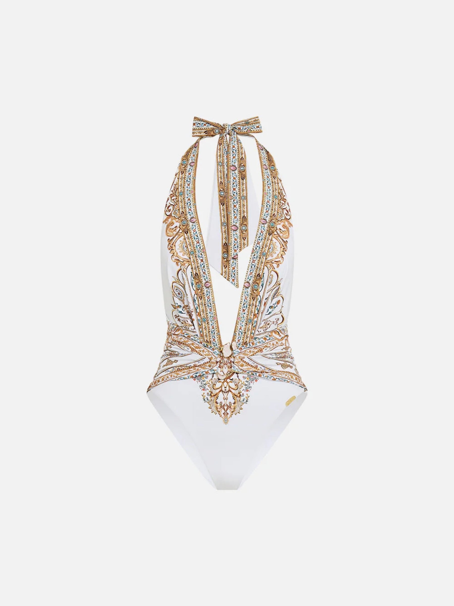 Plunge Halter One Piece with Pleated Waist Trim - Ottoman Dynasty