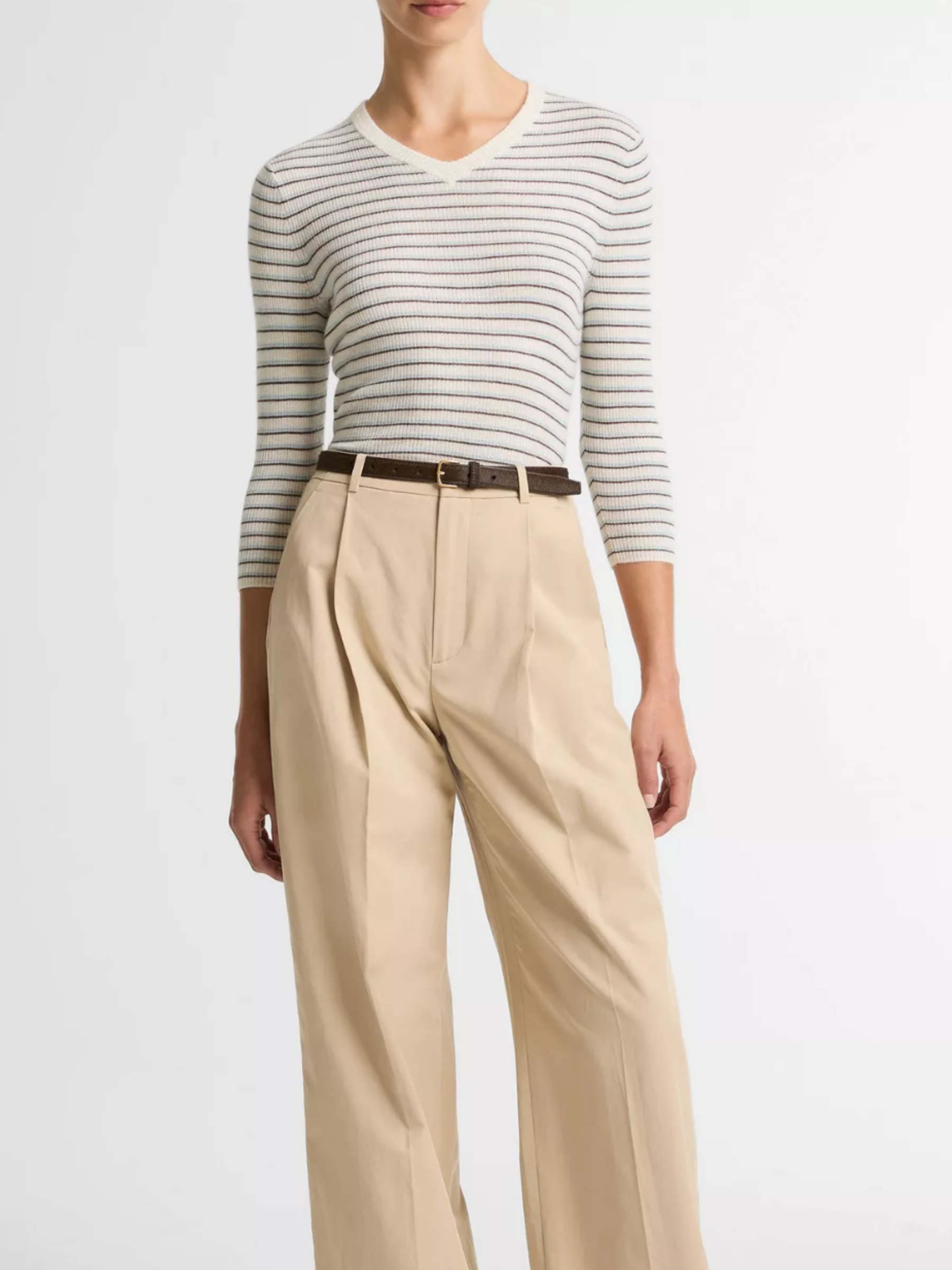 Striped High V-Neck Long Sleeve