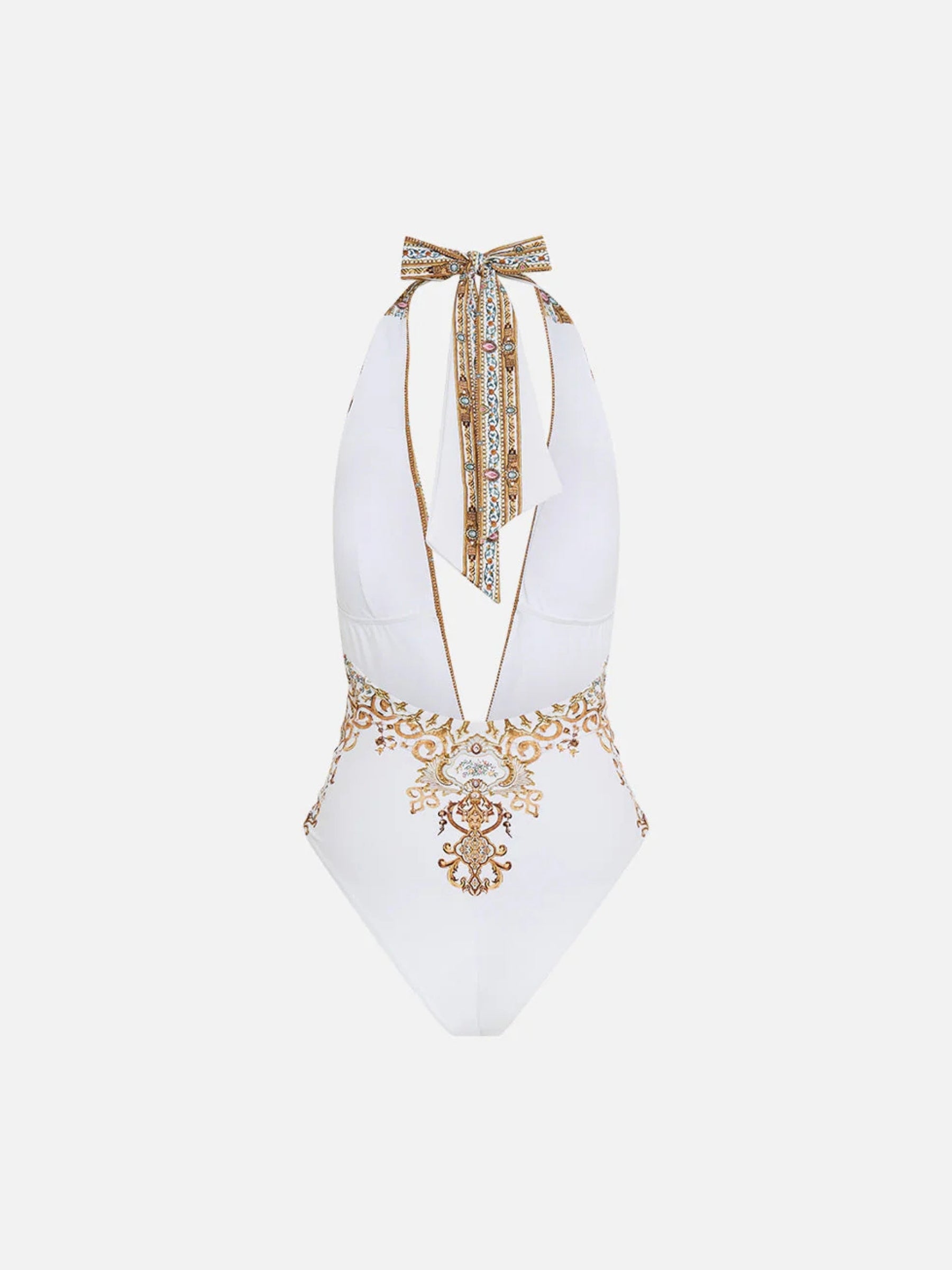 Plunge Halter One Piece with Pleated Waist Trim - Ottoman Dynasty