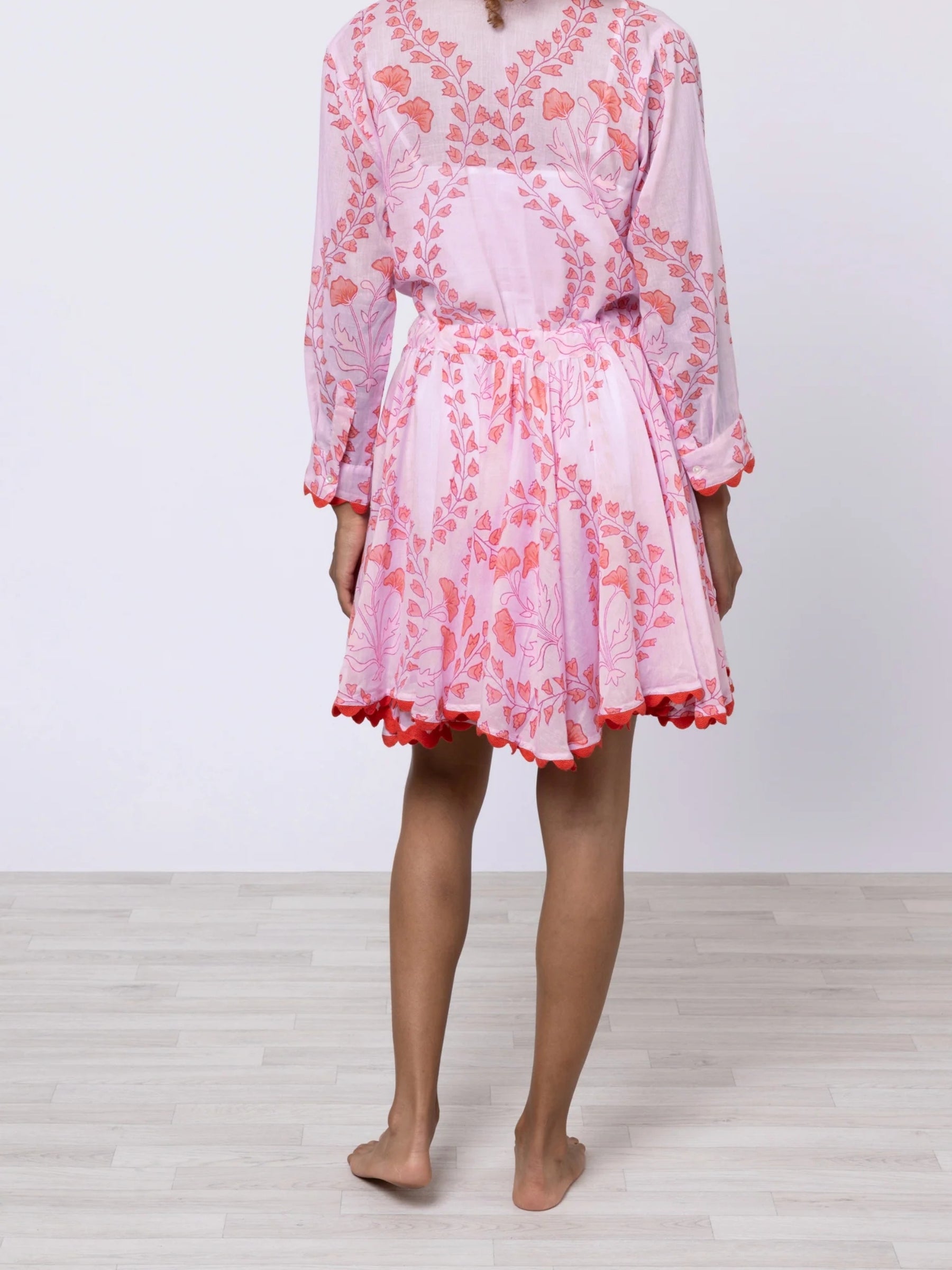 Long Sleeve Beach Dress w/ Ginko - Pale Pink/Red
