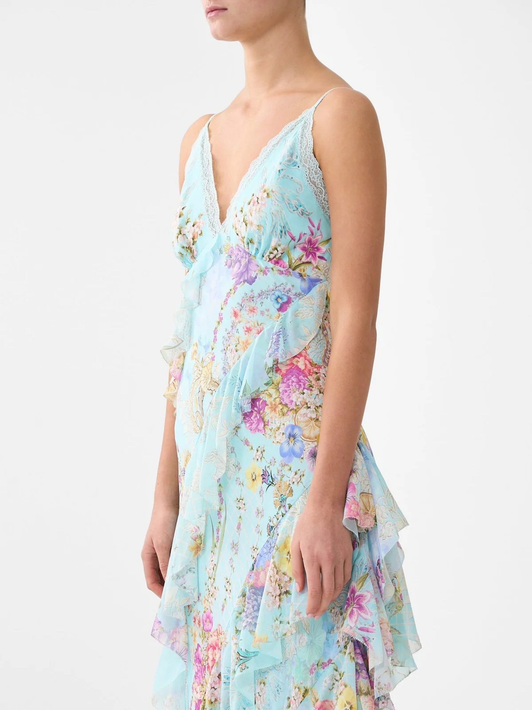 Asymmetrical Ruffle Slip Dress - Bazaar Blooms