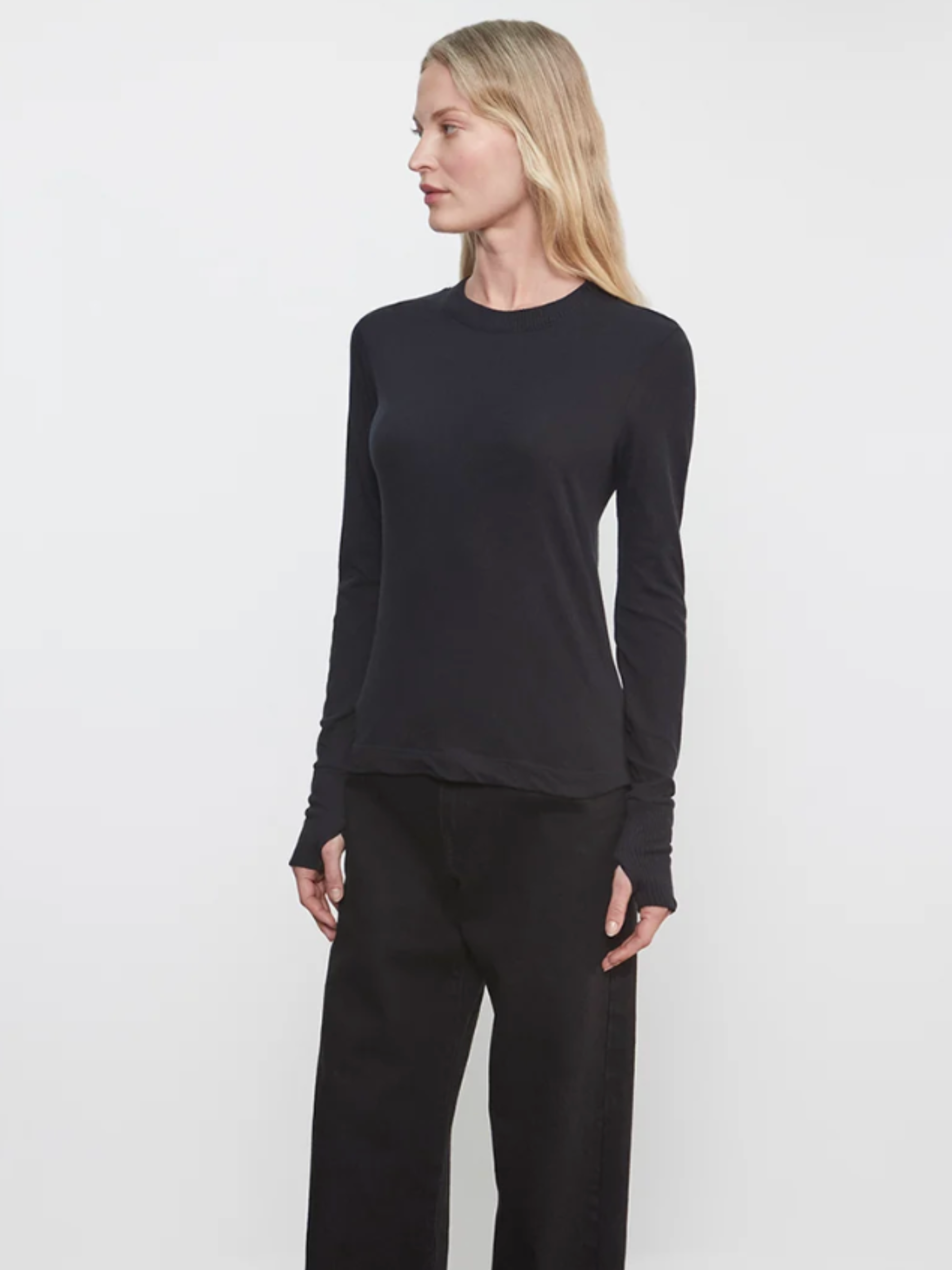 Fine Cashmere Easy Cuffed Crew - Black