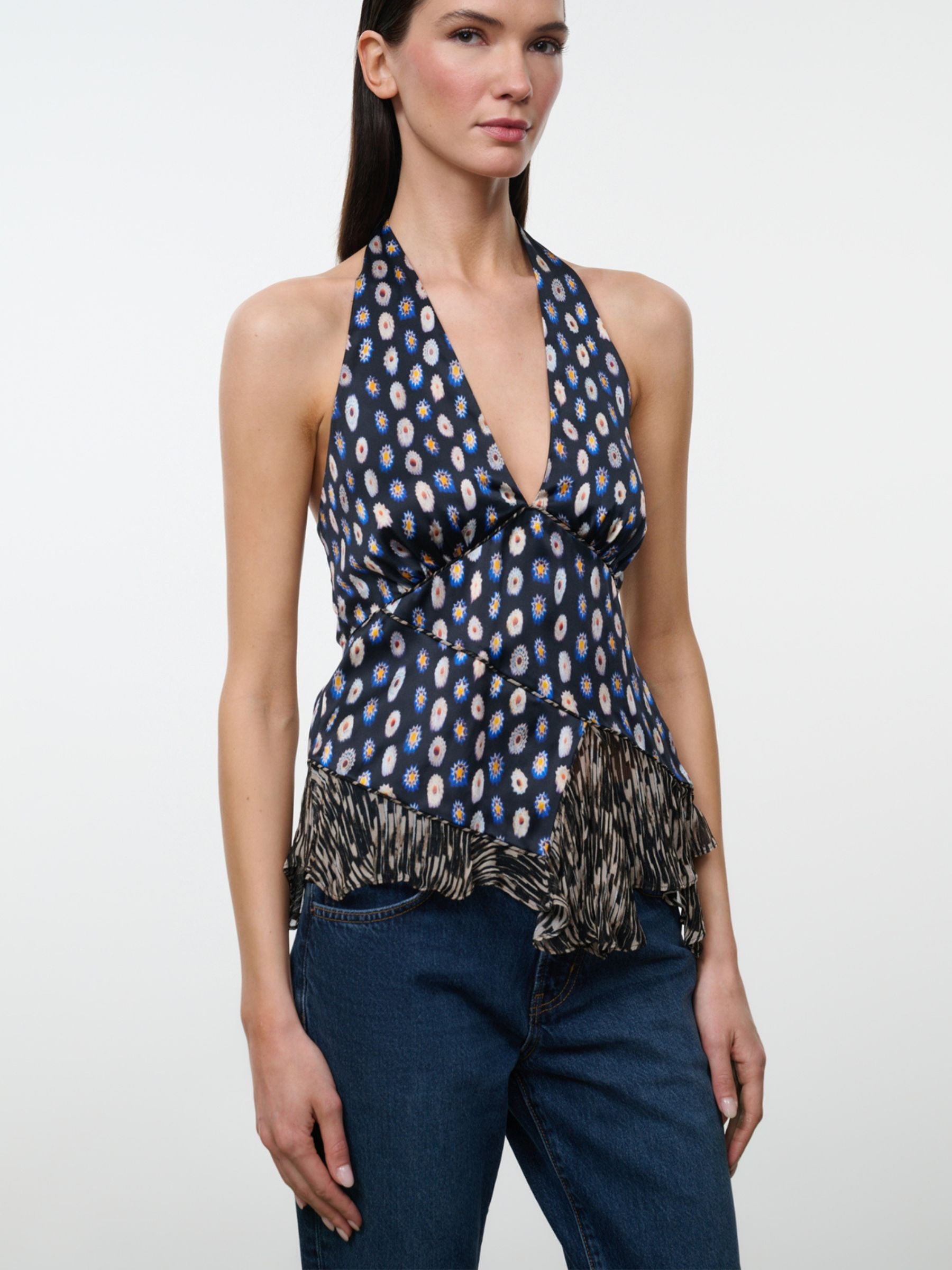 Staud Maeva Silk Top in Glasswork Multi on model, waist-up front view