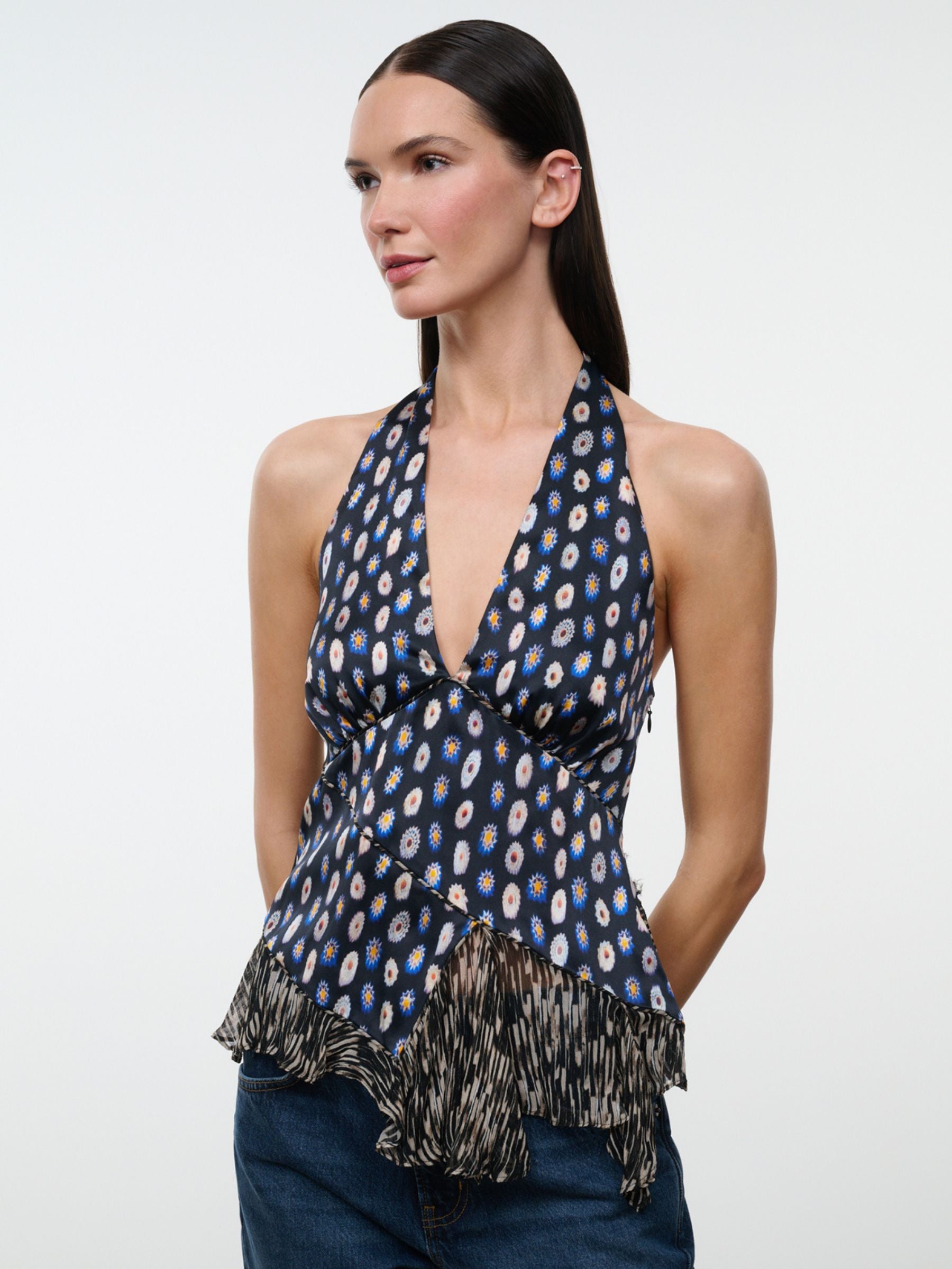 Model wearing Staud Maeva Silk Top in Glasswork Multi, three-quarter front view