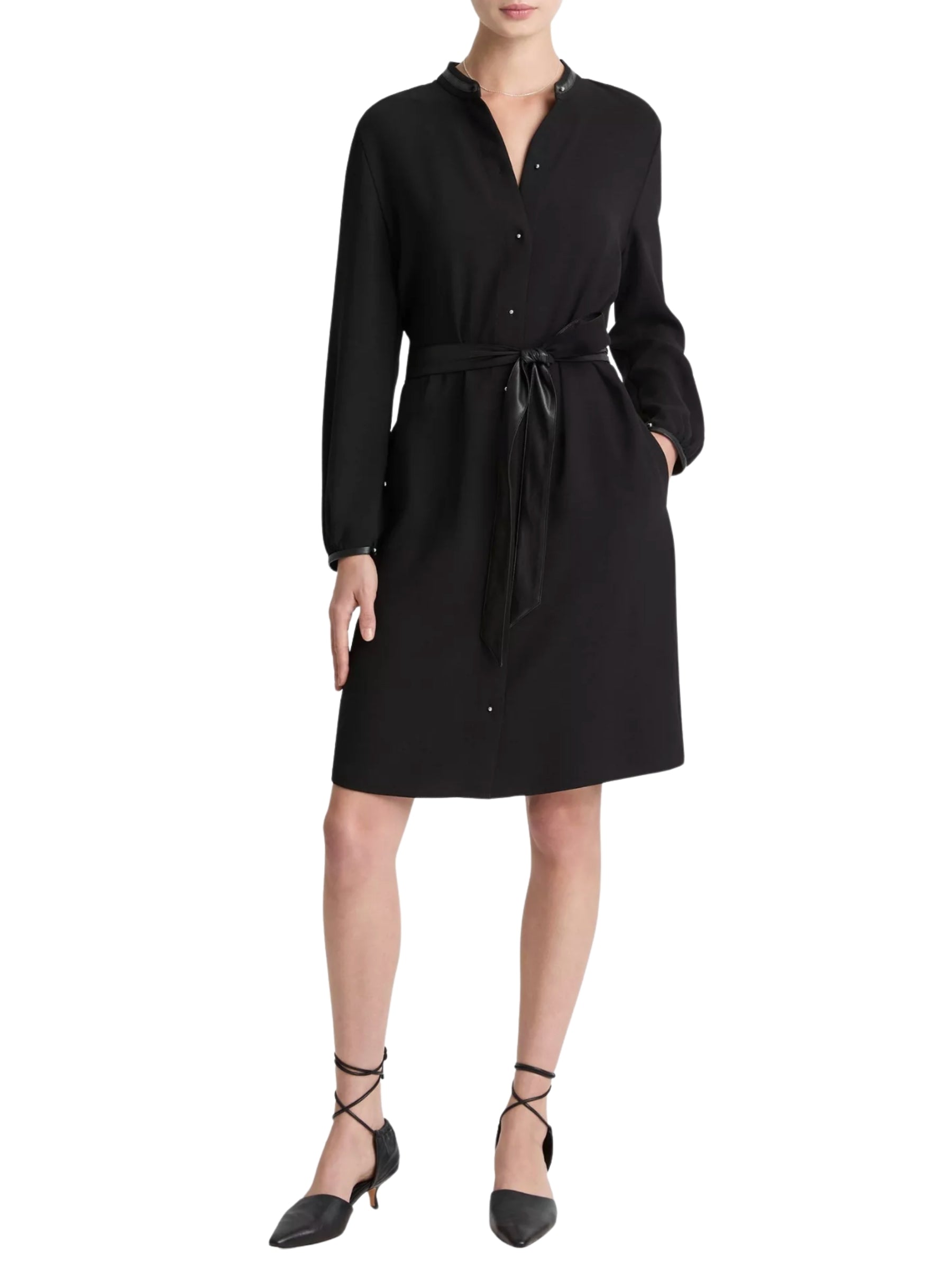 L/S Shirt Dress w/ Faux Leather Trim - Black