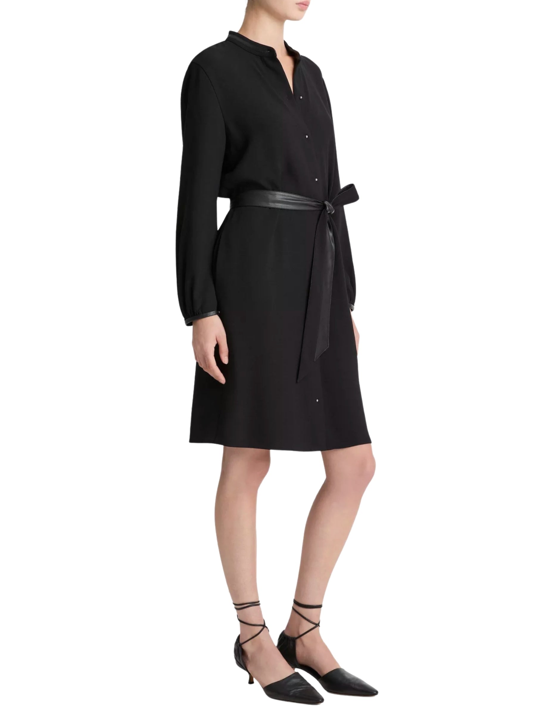 L/S Shirt Dress w/ Faux Leather Trim - Black