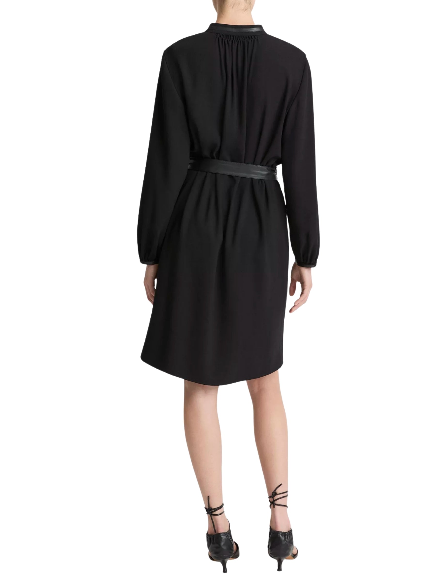 L/S Shirt Dress w/ Faux Leather Trim - Black