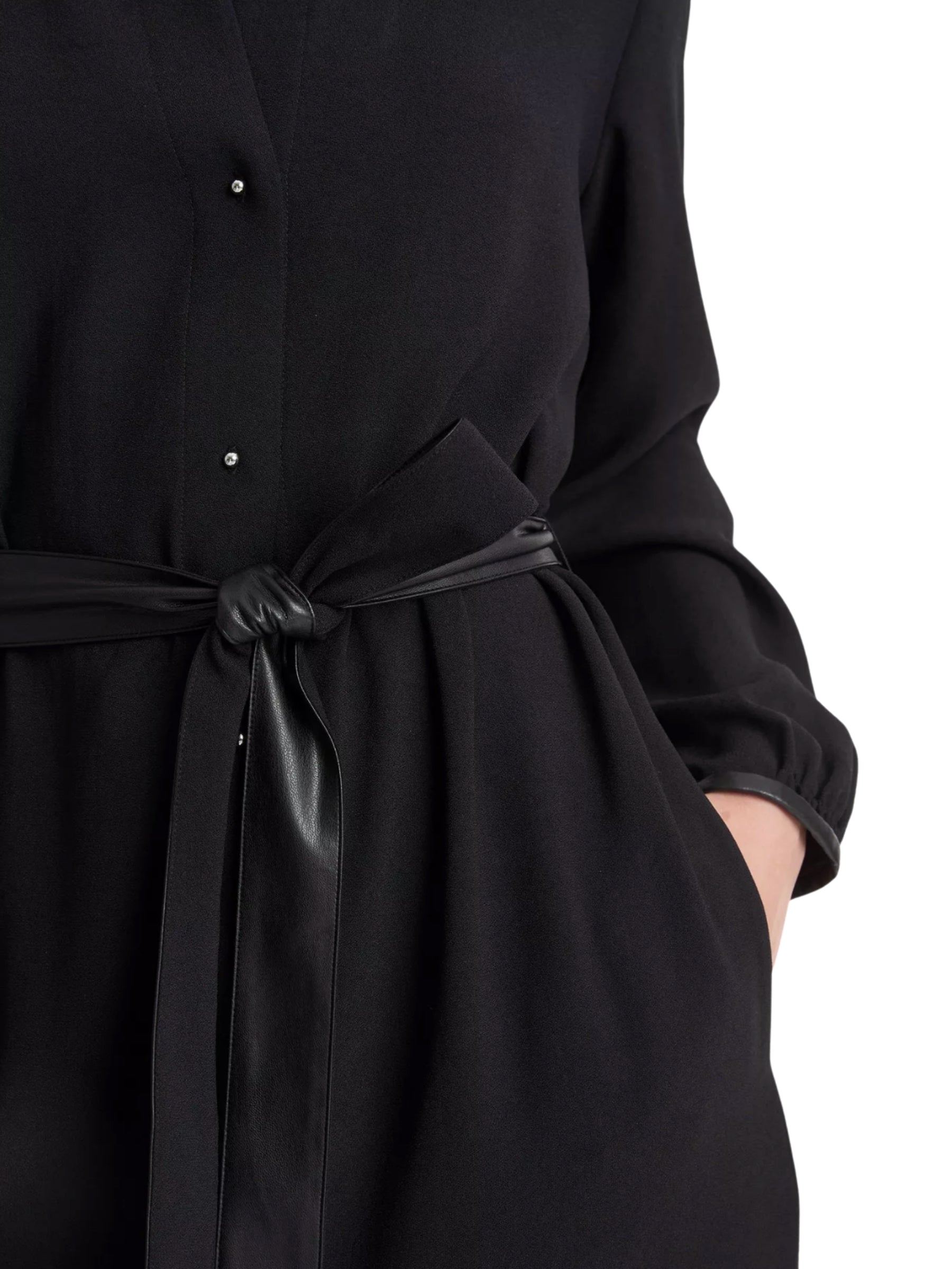 L/S Shirt Dress w/ Faux Leather Trim - Black