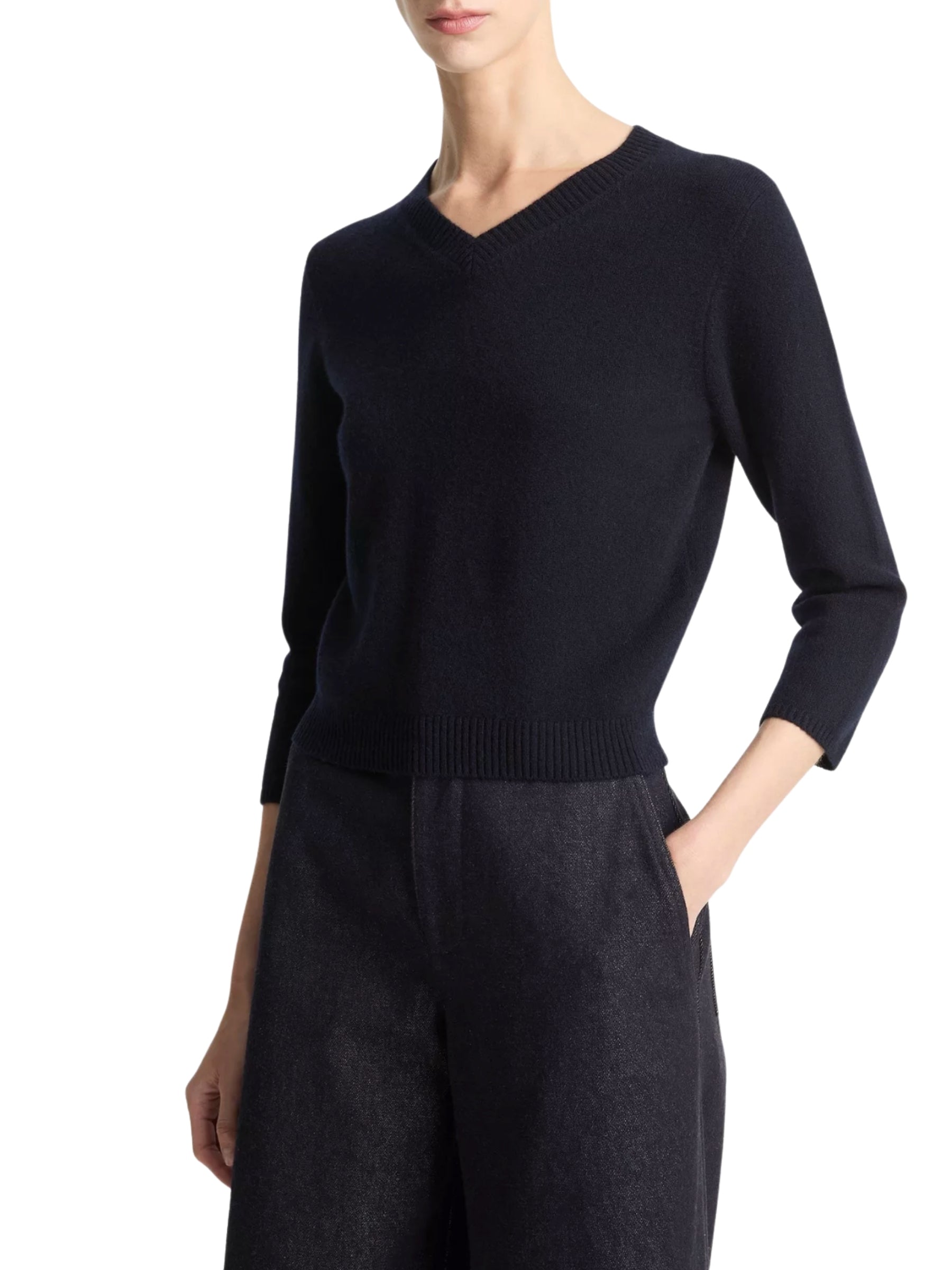 3/4 Sleeve V Neck Sweater - Navy
