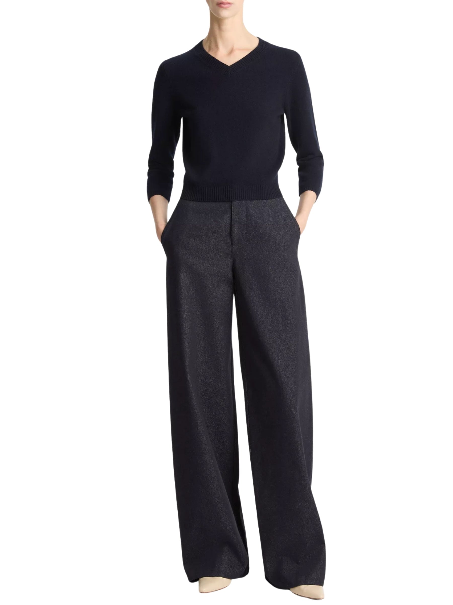 3/4 Sleeve V Neck Sweater - Navy