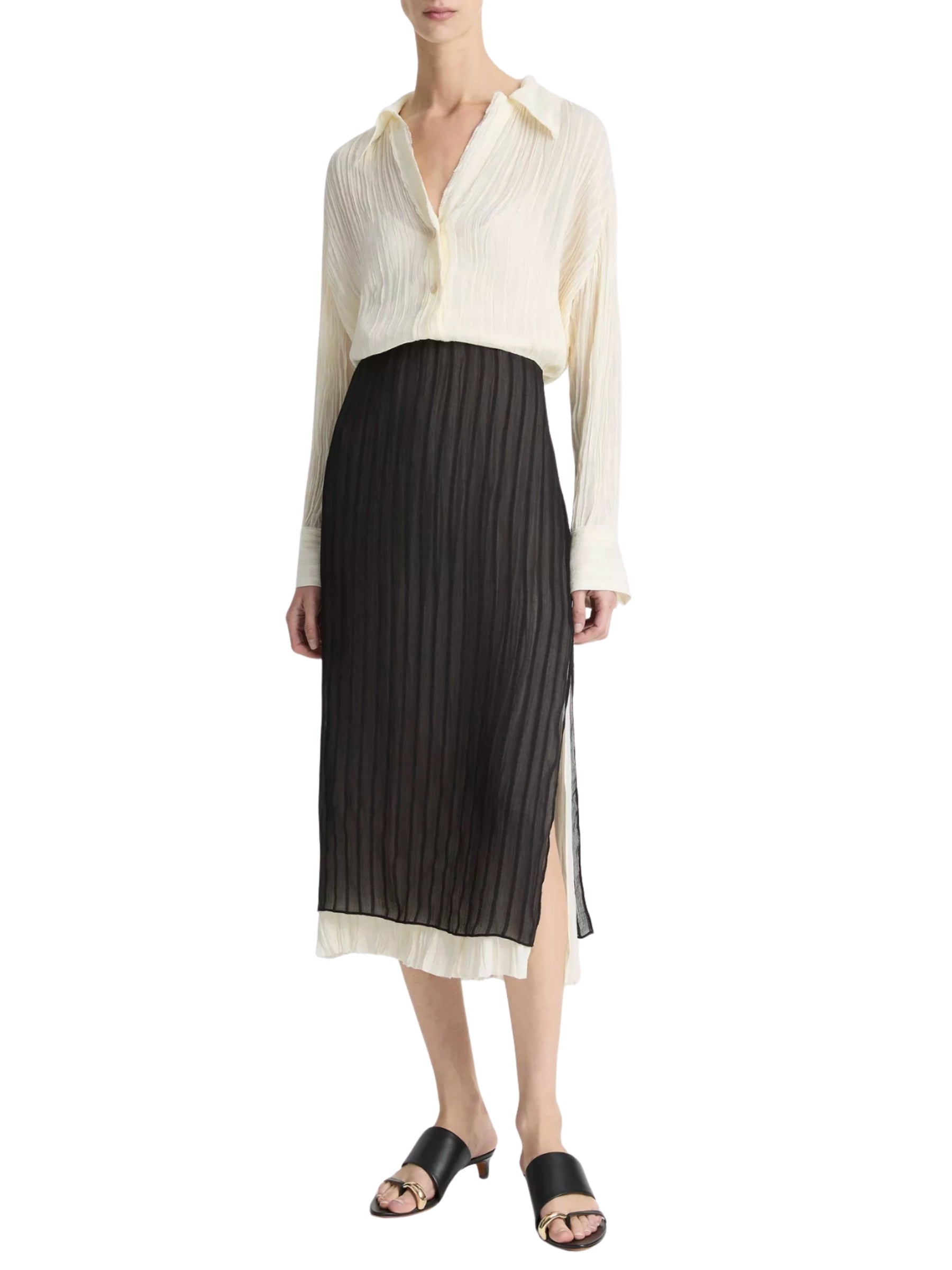 Crushed Stripe Layered Pencil Skirt - Black/White