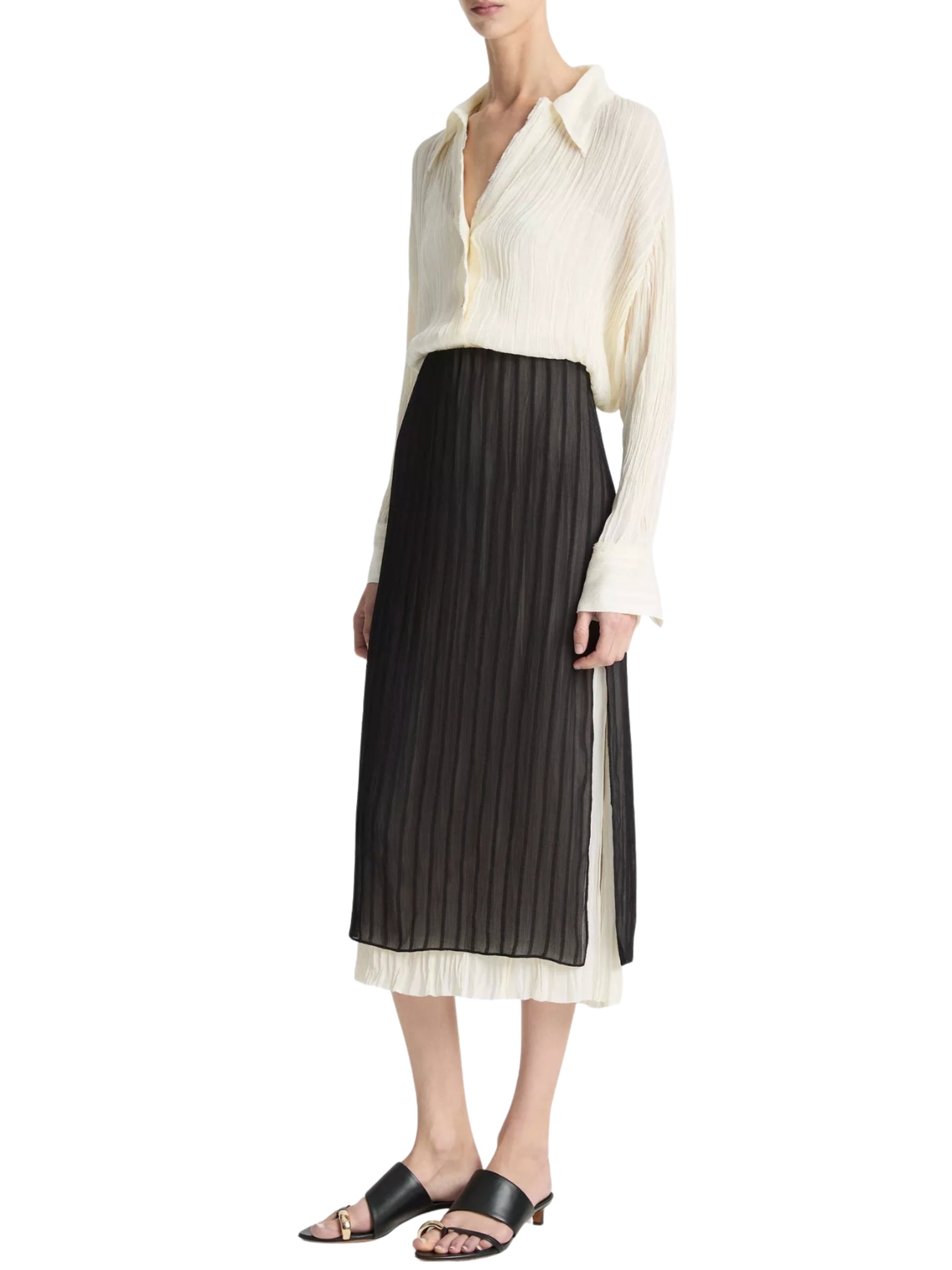 Crushed Stripe Layered Pencil Skirt - Black/White