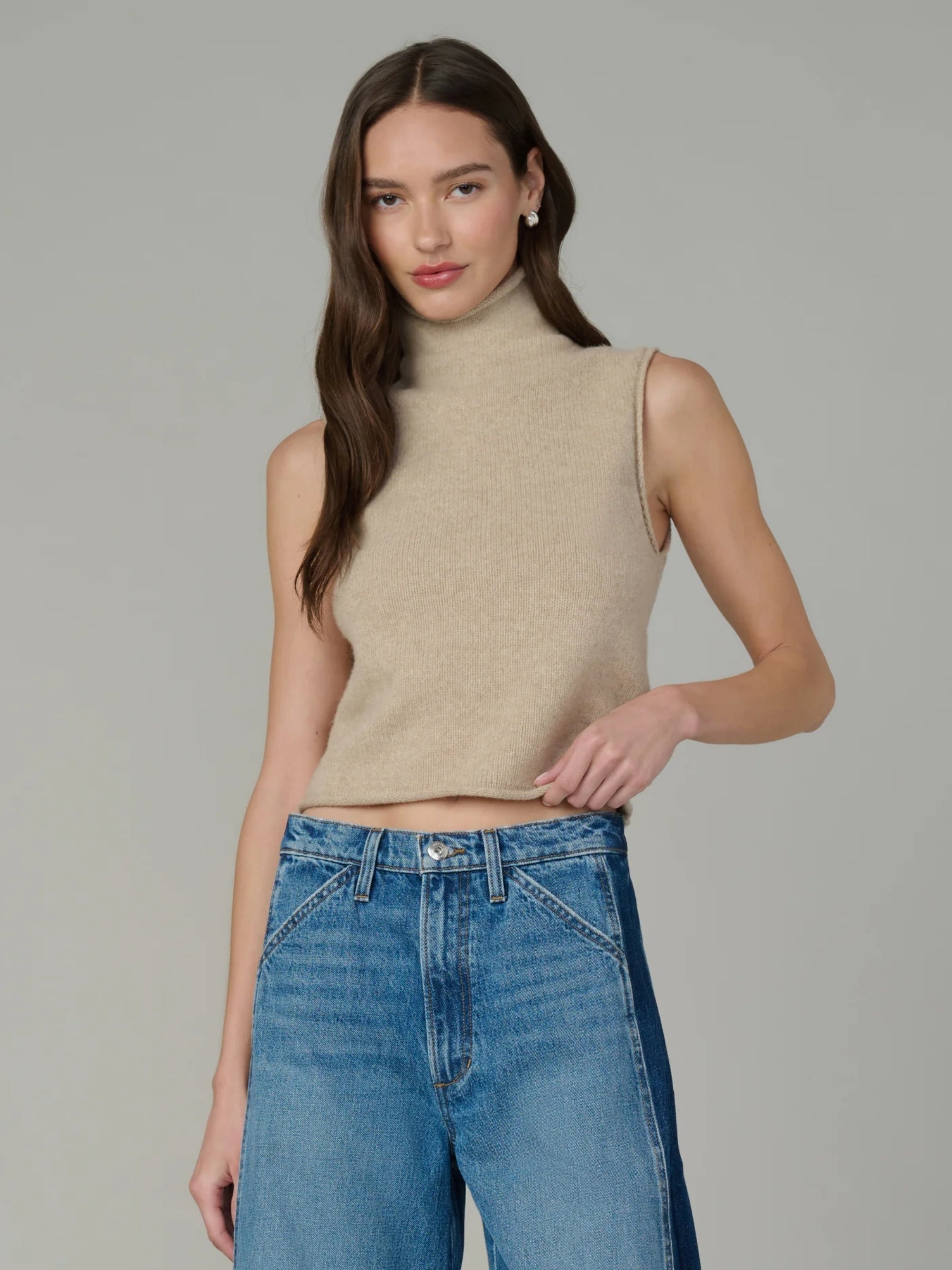 joes-jeans-The-Stevie-Sleeveless-Roll -Neck-Sweater - tan