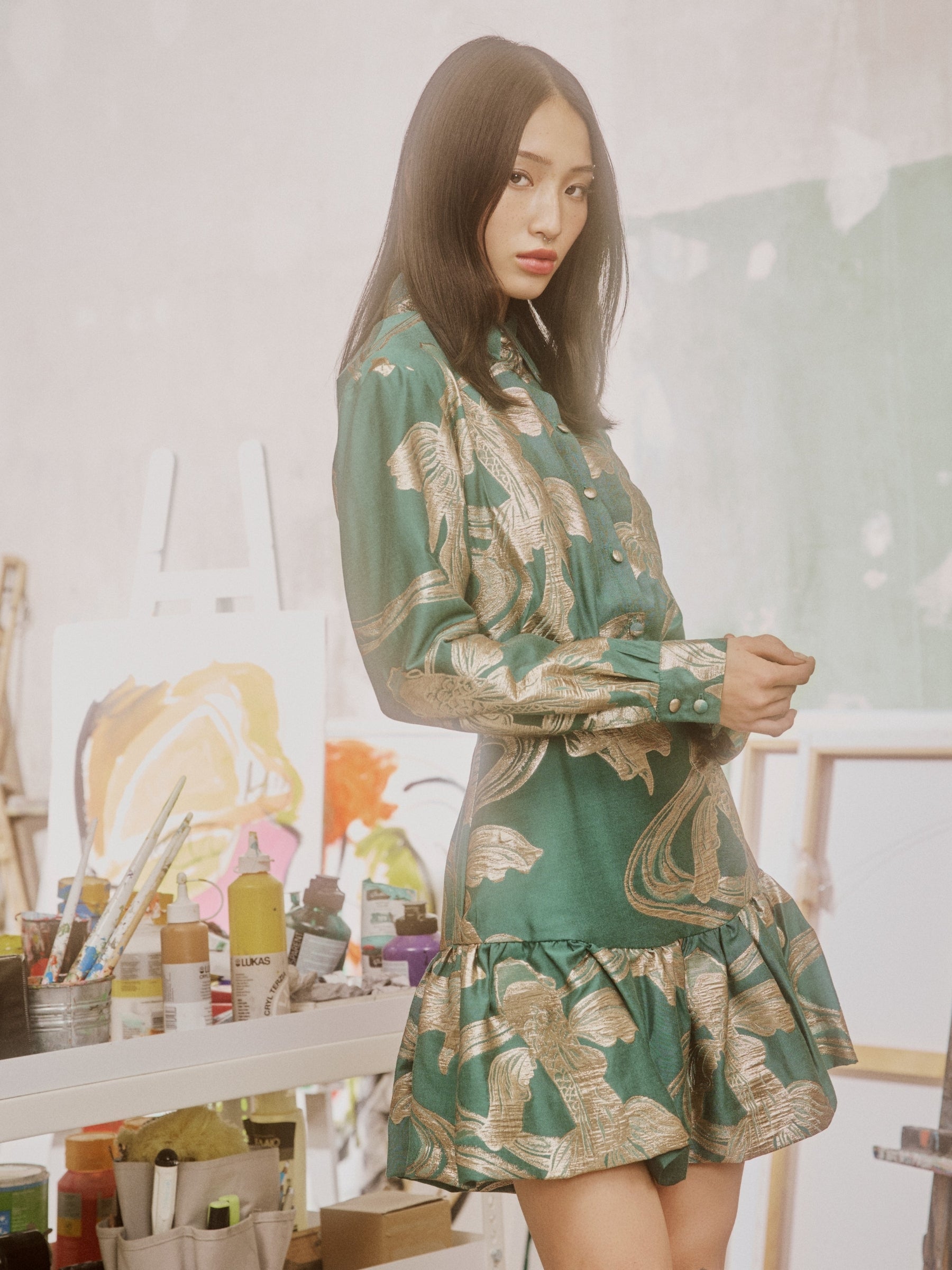 lace-the-label-Aspasia-Mini-Dress - -Green-/-Gold