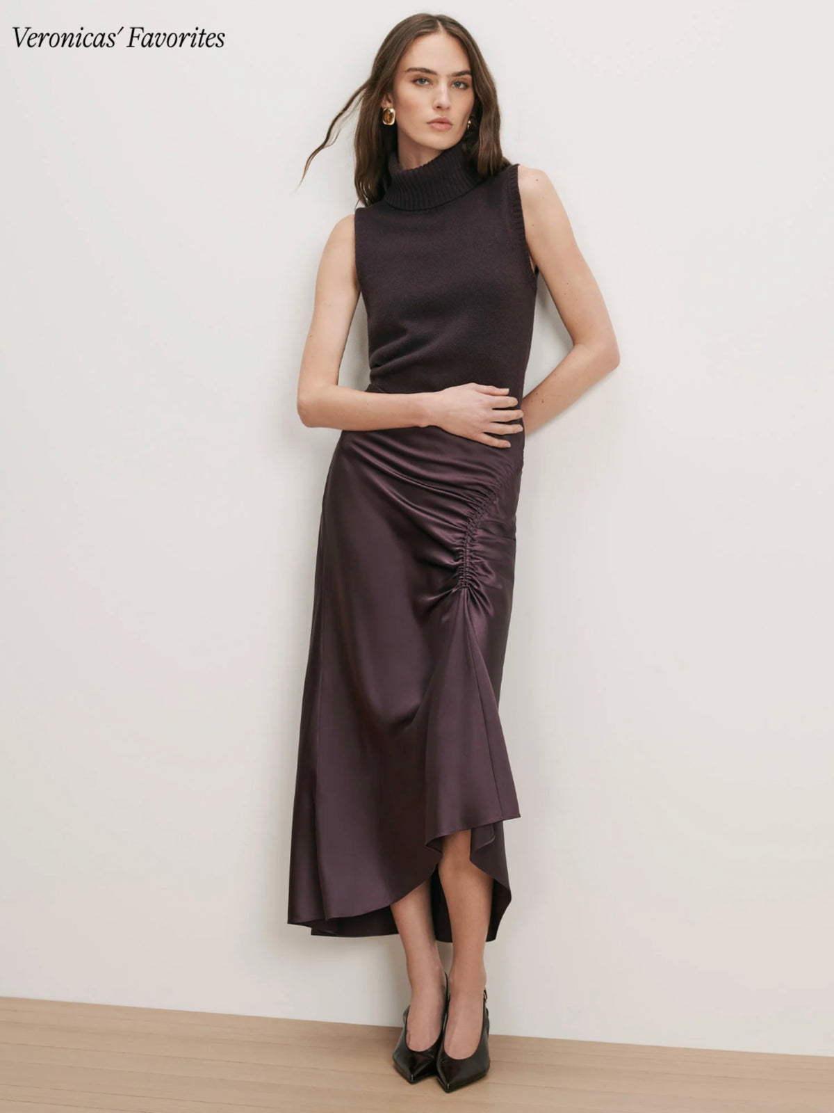 Veronica Beard Felecia midi skirt in Dark Eggplant, shown with a black sleeveless top