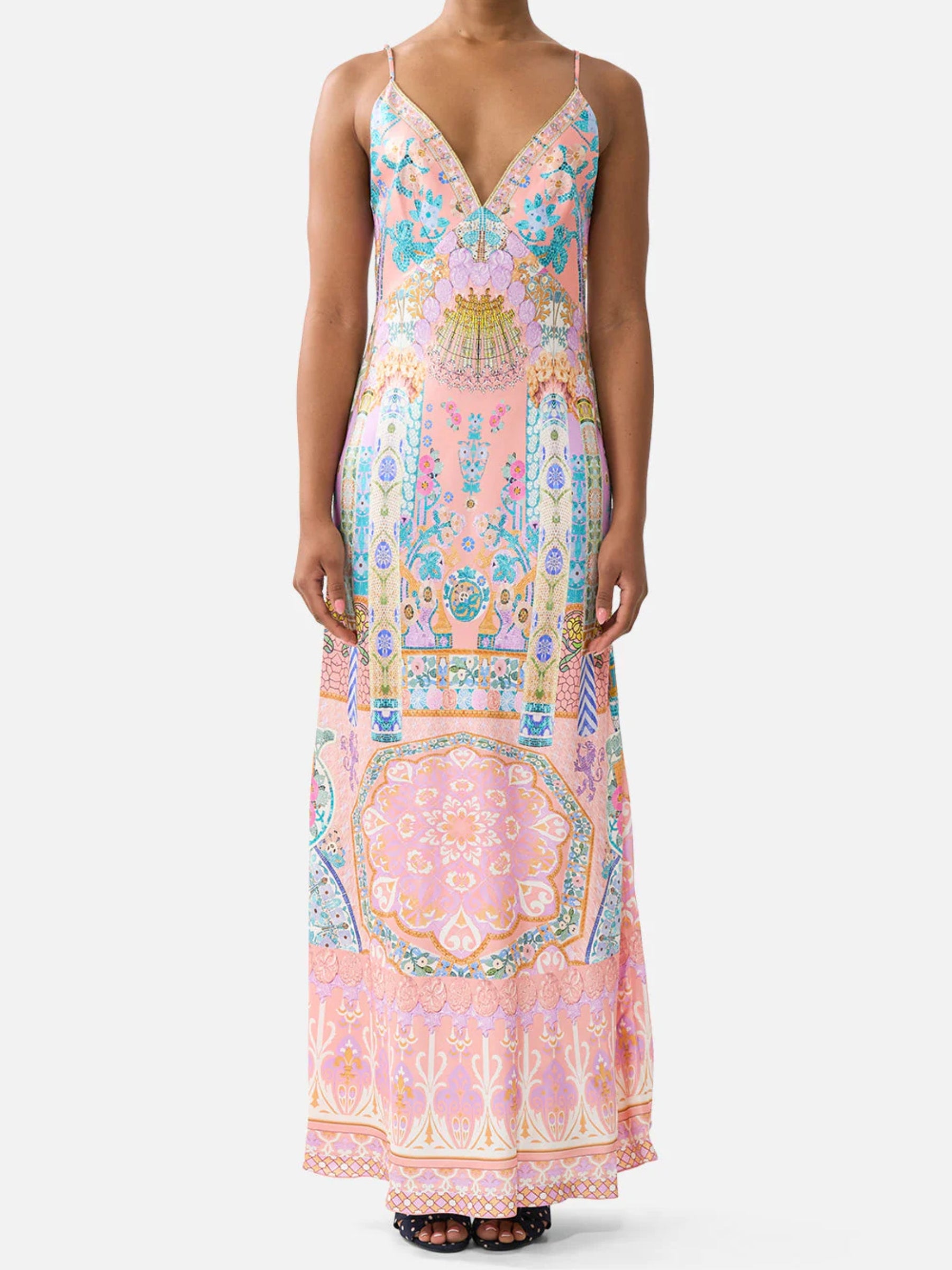 V Neck Full Length Bias Slip Dress- Howdy Gaudi