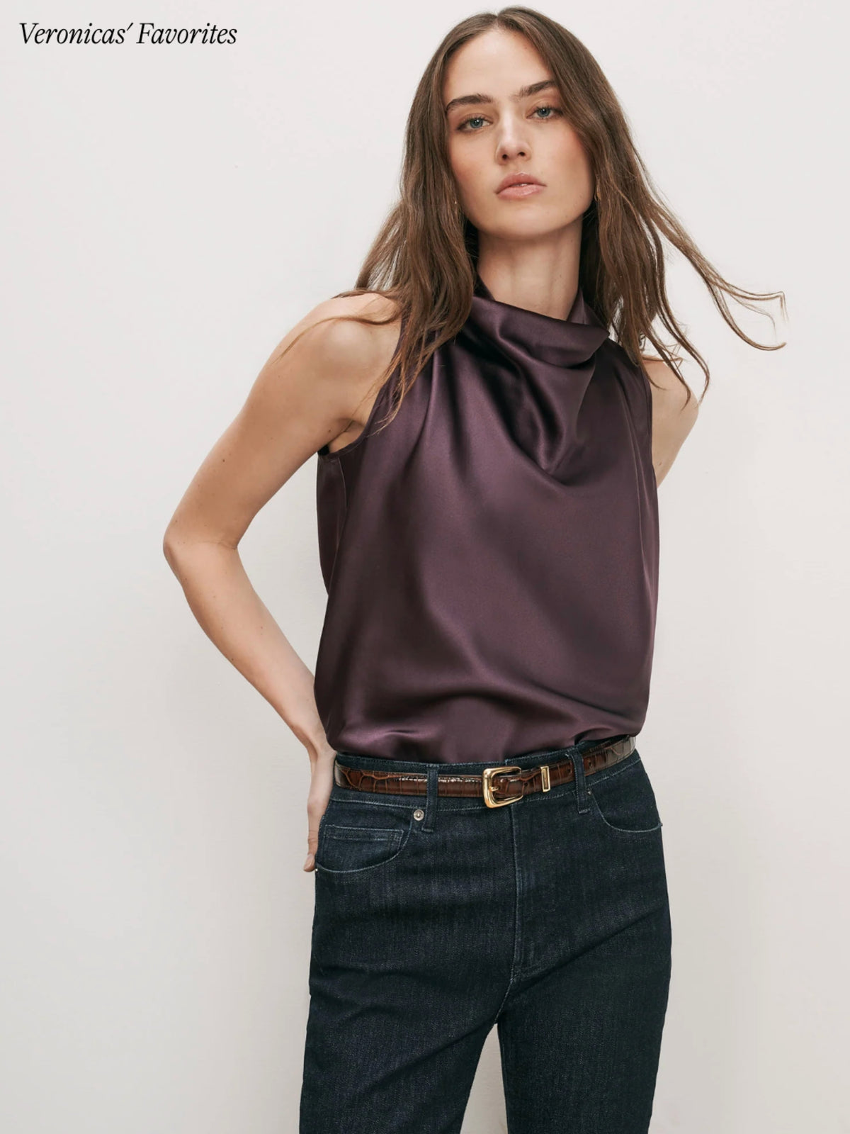 Veronica Beard Tam sleeveless blouse in Dark Eggplant, close front view of the draped neckline