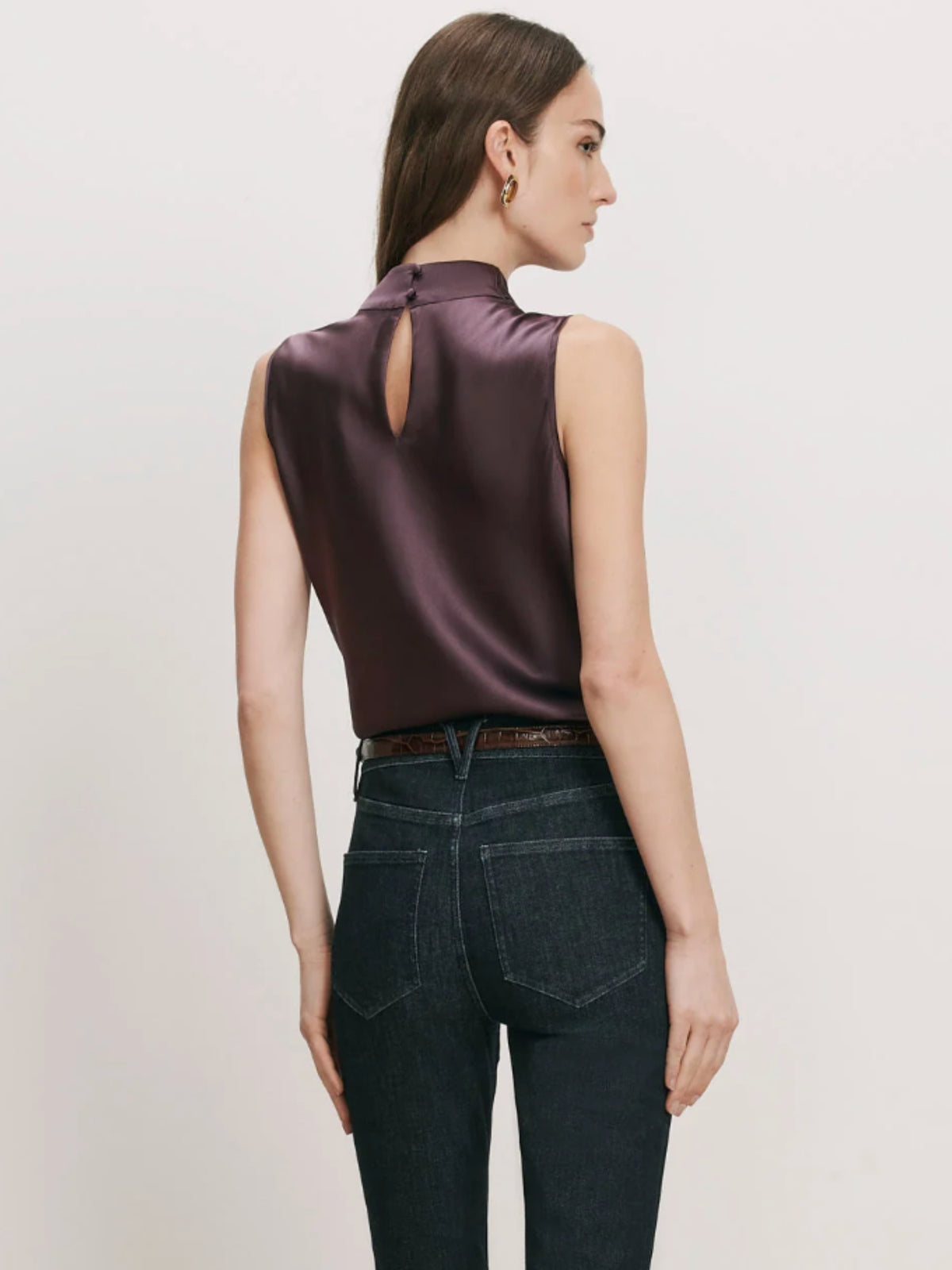 Back view of the Veronica Beard Tam Dark Eggplant blouse, showing a keyhole neckline