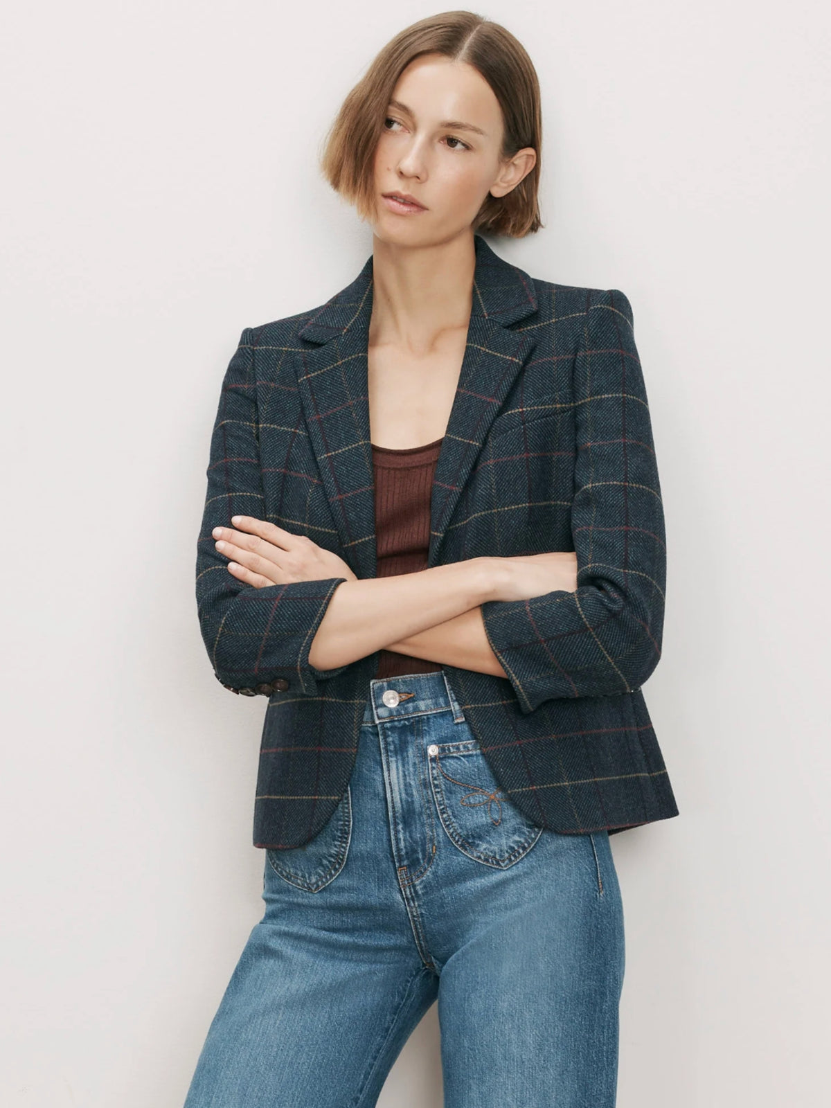 Veronica Beard Schoolboy Teal Multi plaid jacket, close front view with crossed arms
