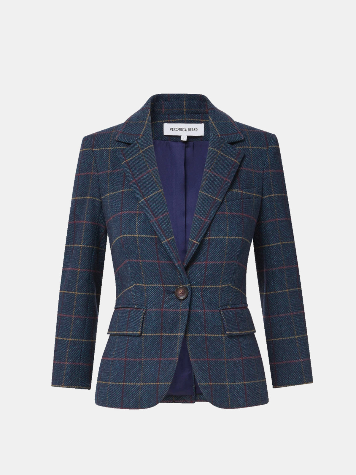 Veronica Beard Schoolboy Teal Multi plaid jacket, product-only front view with lapels and flap pockets