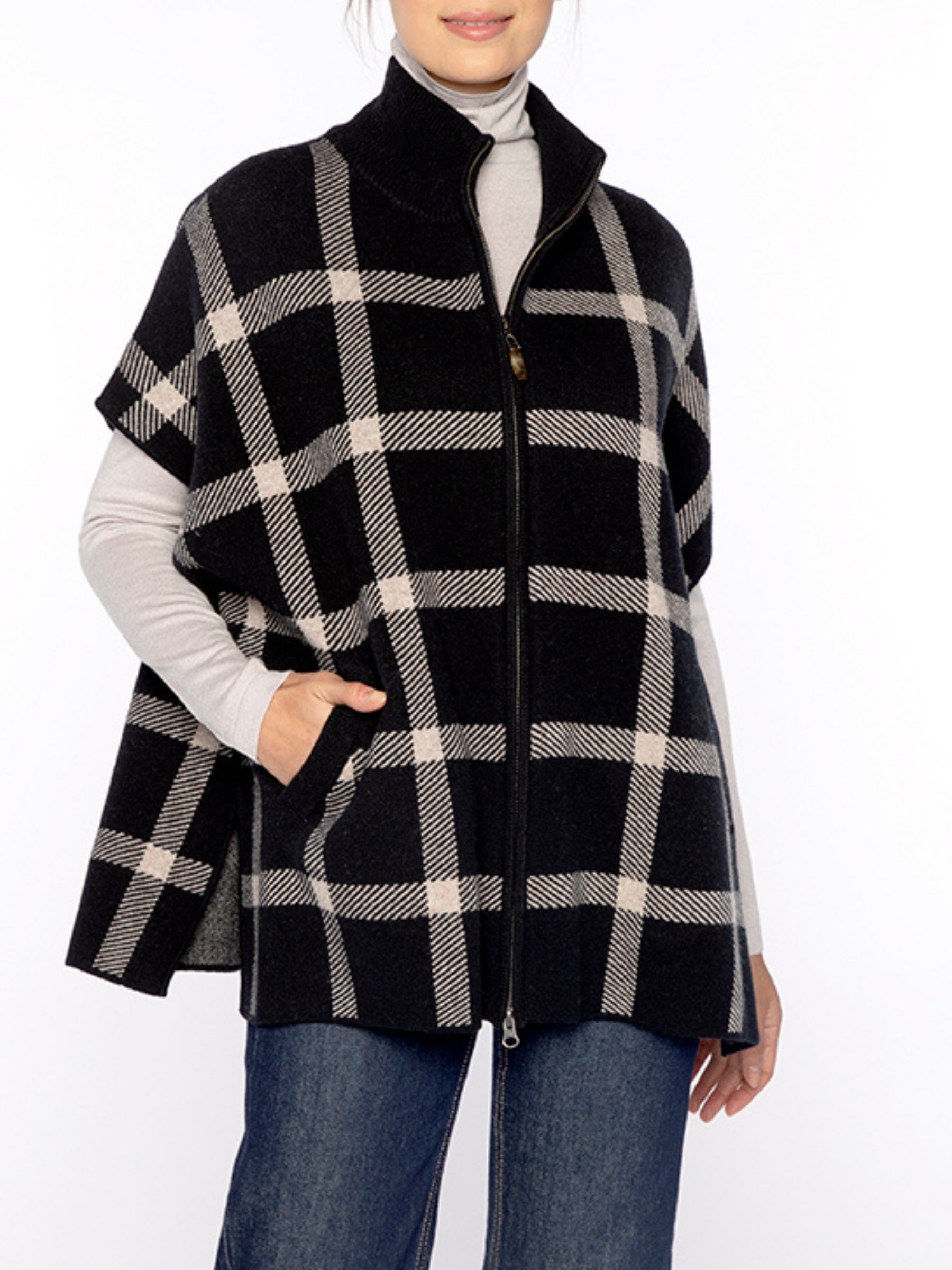 kinross-cashmere-S/L-Zip-Mock-Cardigan - Loden-/-Black