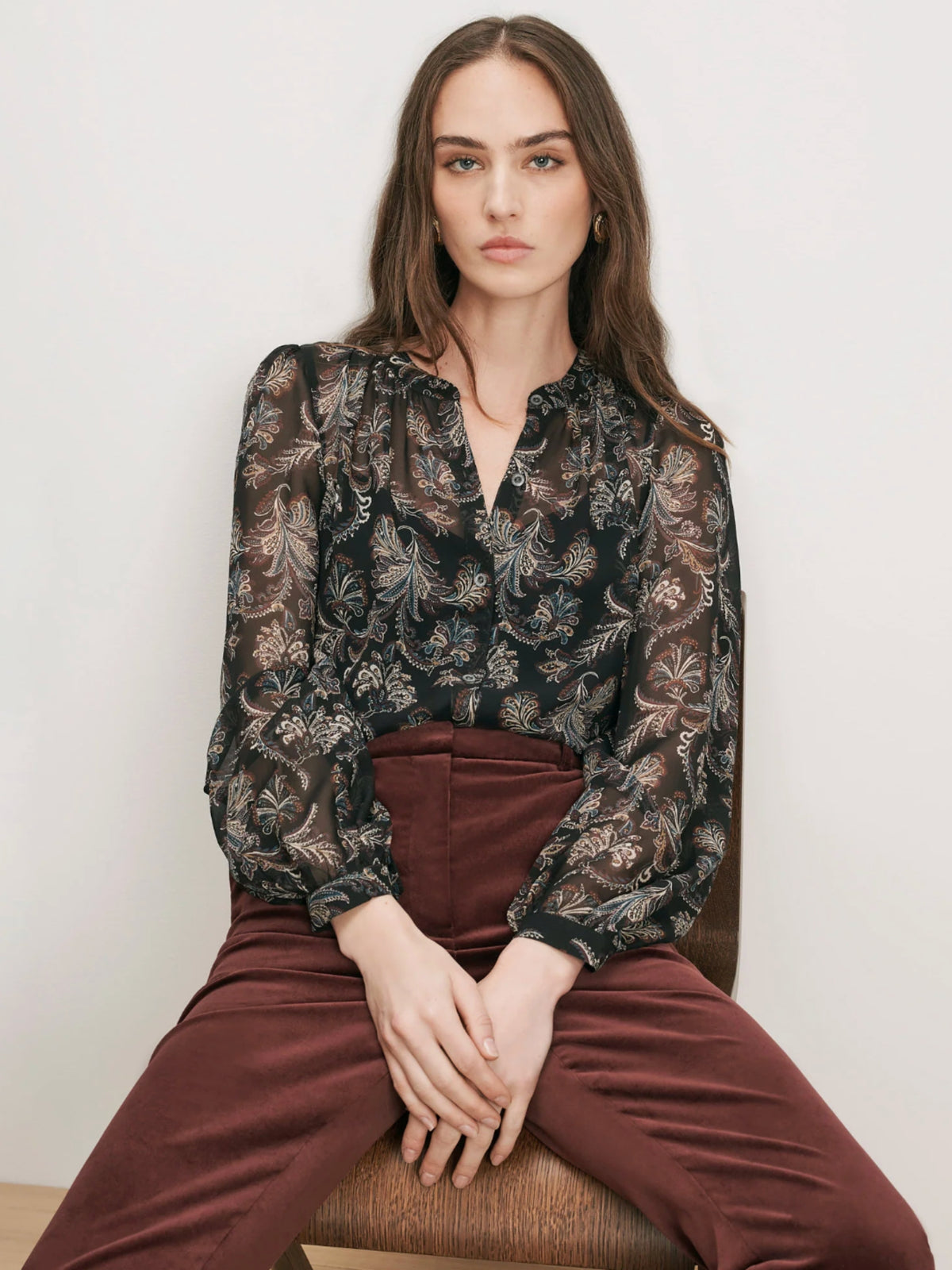 Veronica Beard Ashlynn silk blouse in Black Multi, front view on a seated model
