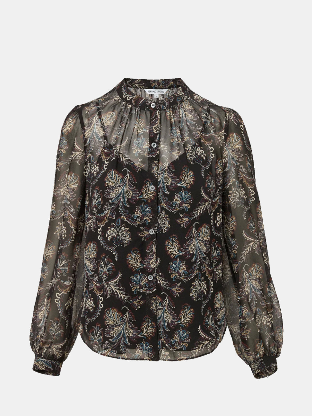 Veronica Beard Ashlynn Black Multi blouse, product-only view showing sheer sleeves and gathered cuffs