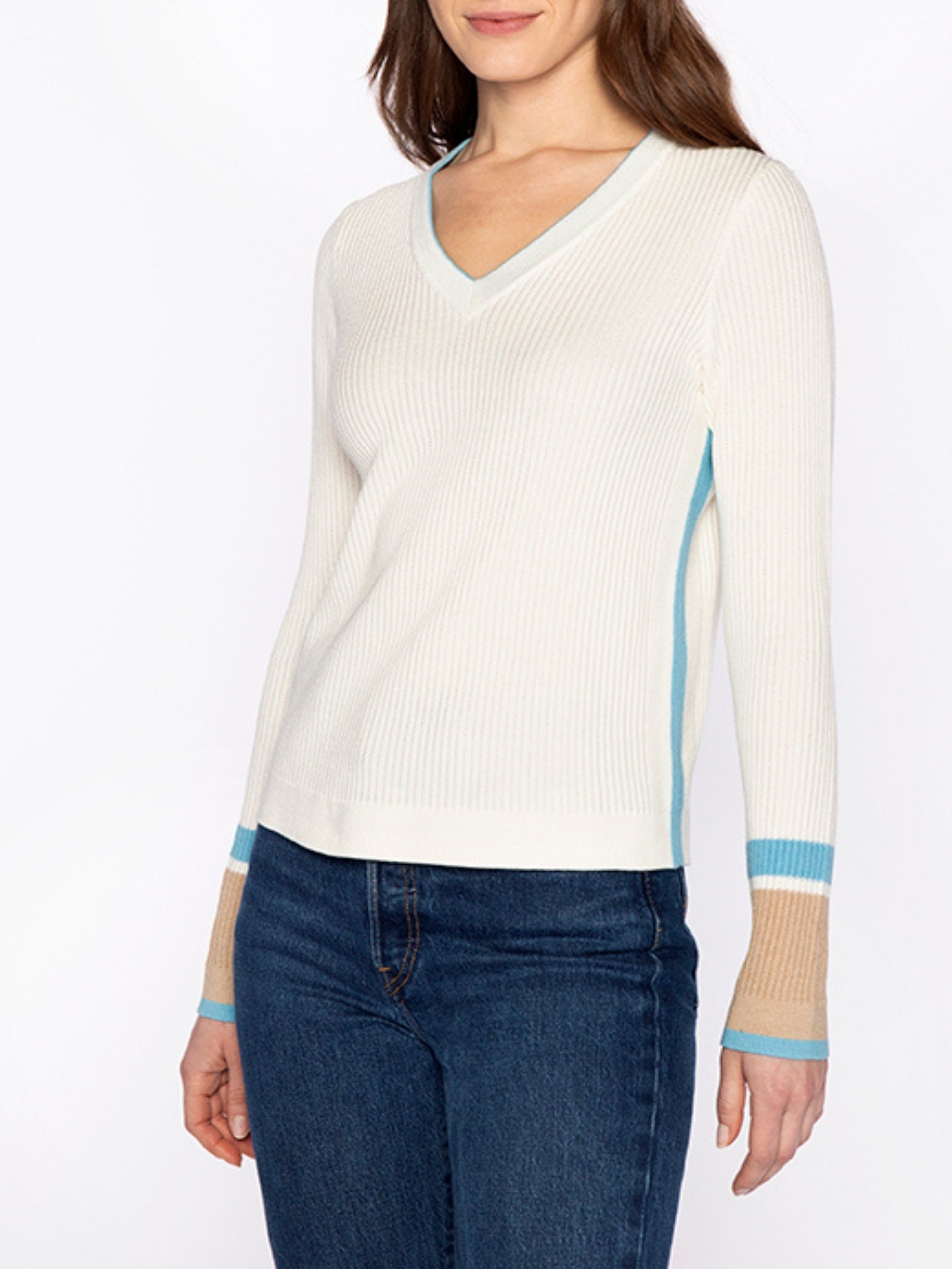 kinross-cashmere-Colorplay -Rib-Vee-Sweater - Cream