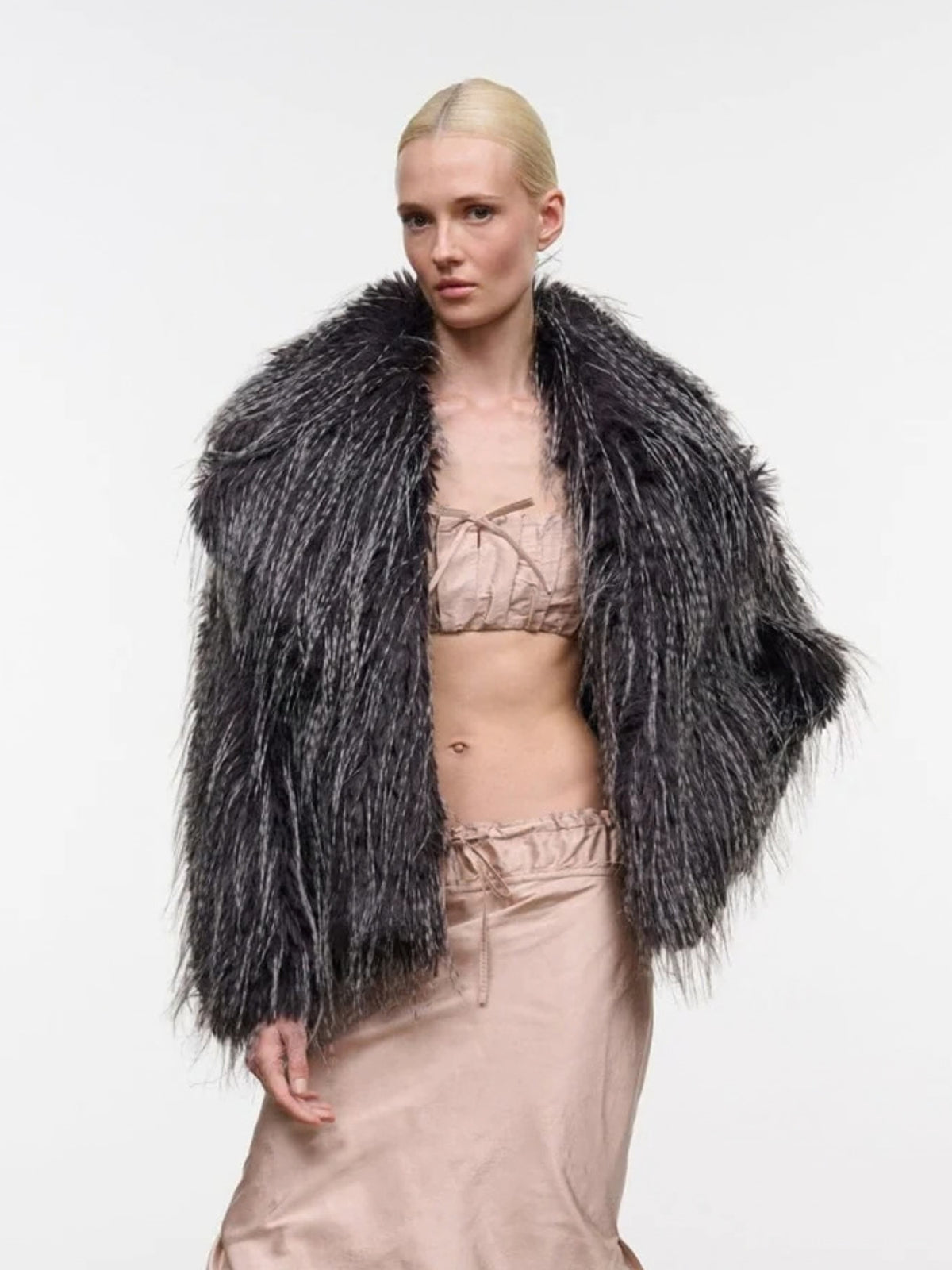 STAUD Soprano faux fur jacket in Porcupine Quill, three-quarter front view worn open